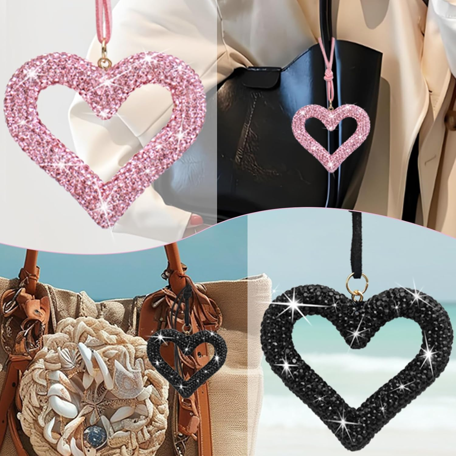 2Pcs Rear View Mirror Accessories, AIFUDA Bling Heart Car Hanging Accessories Crystal Rhinestone Auto Interior Hanger Decoration for Women Girls(Black,Pink) image number 4