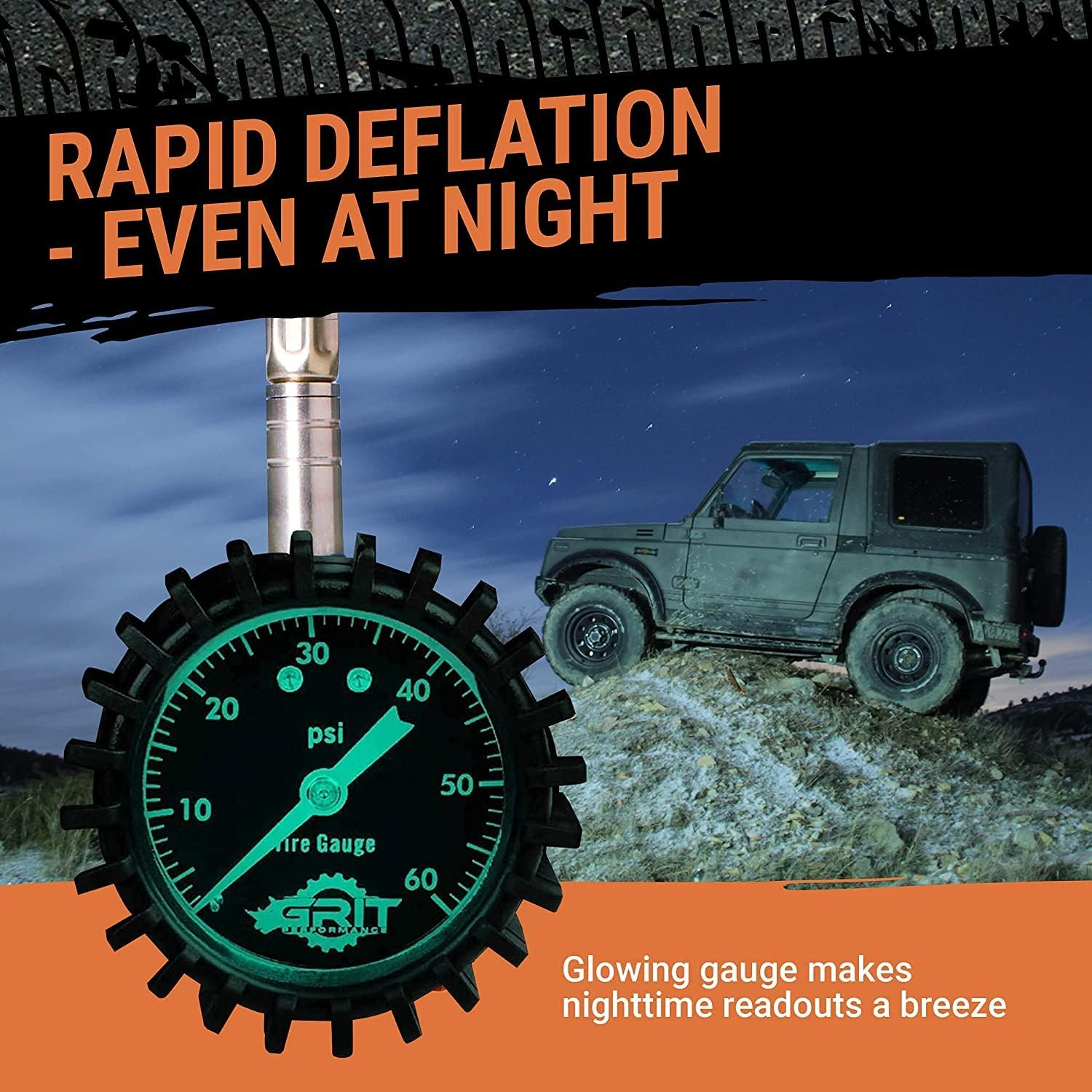 Grit Performance Tire Pressure Gauge (0-60 PSI) Heavy Duty, with Custom Foam Case, Chrome Caps & Valve Core Repair Tool, Rapid Air Pressure Gauge, Tire Deflators Offroad Accessories, 4X4 Tires image number 3