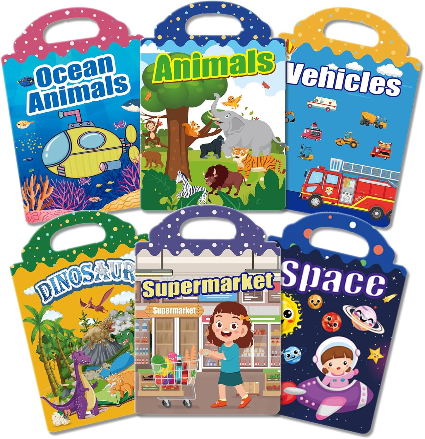 6Pack Sticker Books, 3D Puffy Reusable Sticker Book for Kids 2-4 Toys, Includes 6 Themes Ocean, Animals, Vehicles, Dinosaur, Supermarket, Space, Activities Book for Kids Party Favors Birthday Gifts image number 3
