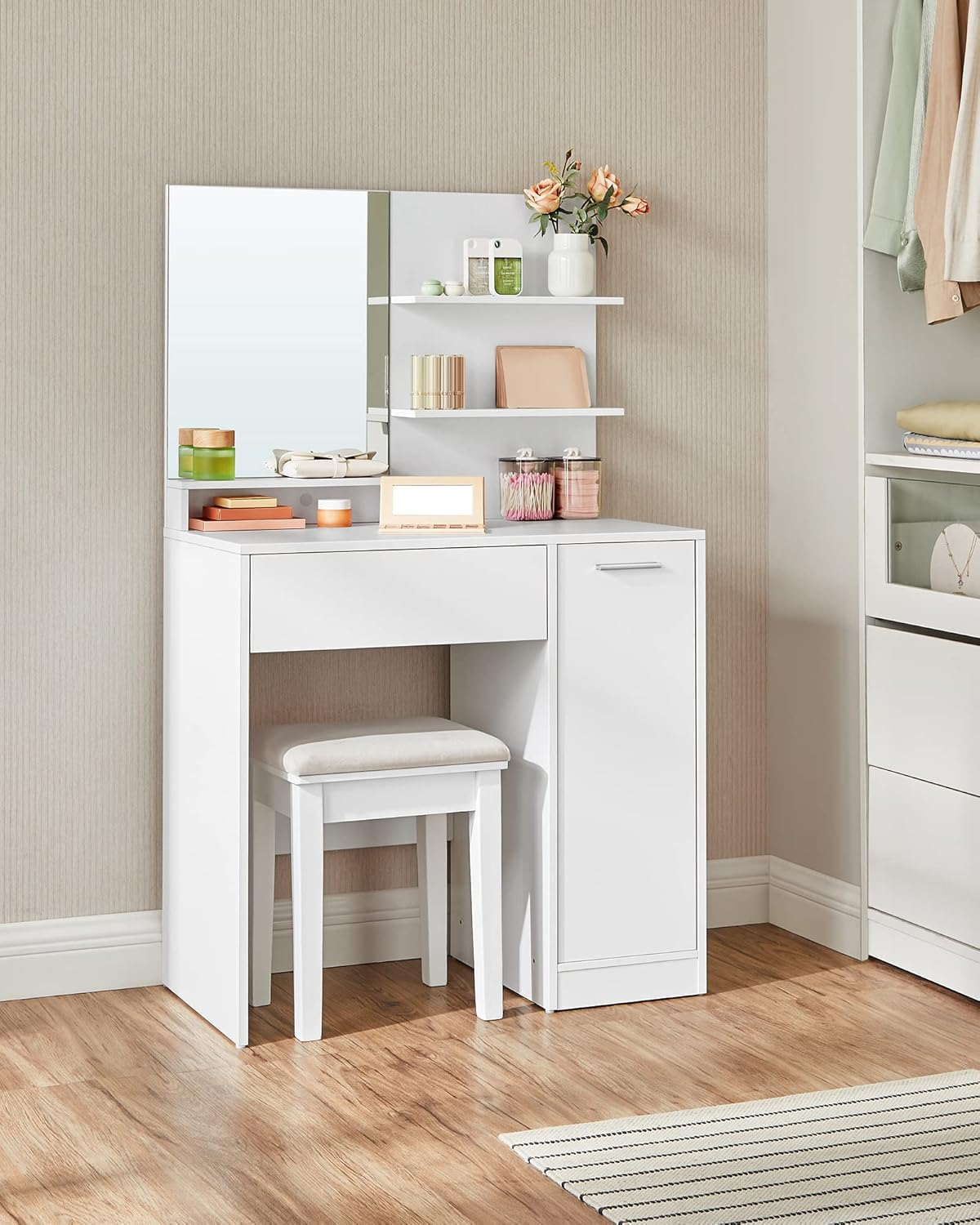 VASAGLE Dressing Table, Makeup Vanity Desk with Mirror, 1 Drawer, 2 Shelves, Storage Cabinet, Makeup Organiser, White Vanities RDT119W01