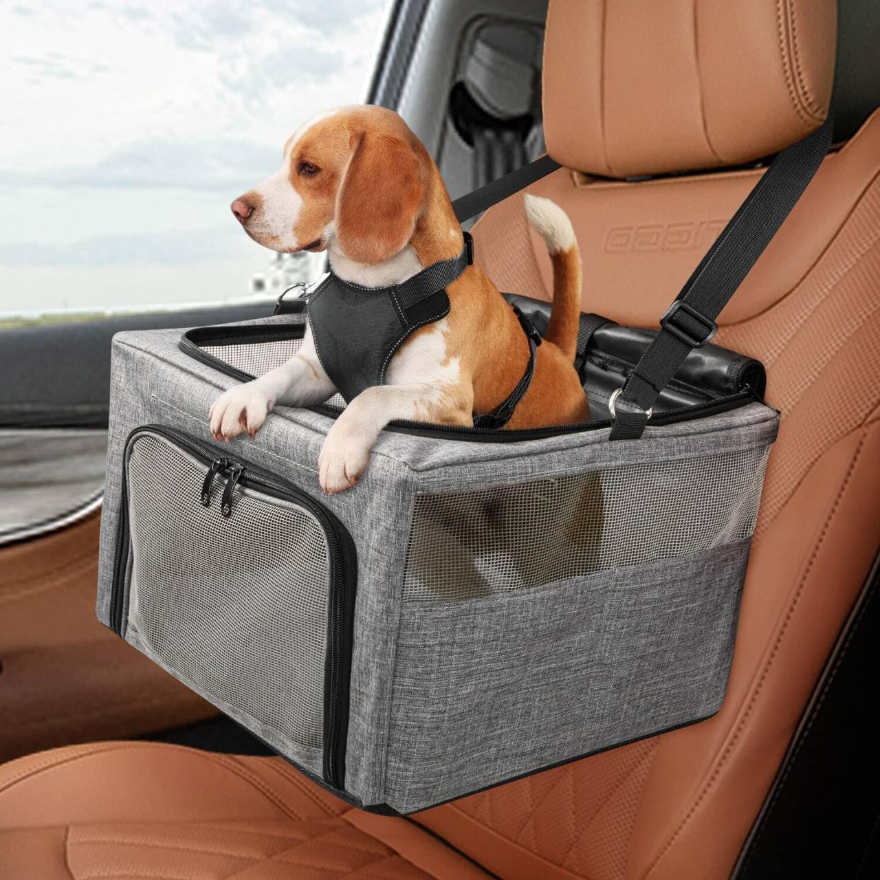 Slowton Dog Booster Car Seat, Reinforce Metal Frame Safe Pet Car Seat with Seatbelt & Waterproof Pee Pad & Top Cover Portable Collapsible Puppy Carrier Bag for Small Dogs Cats Visit the Slowton Store image number 2