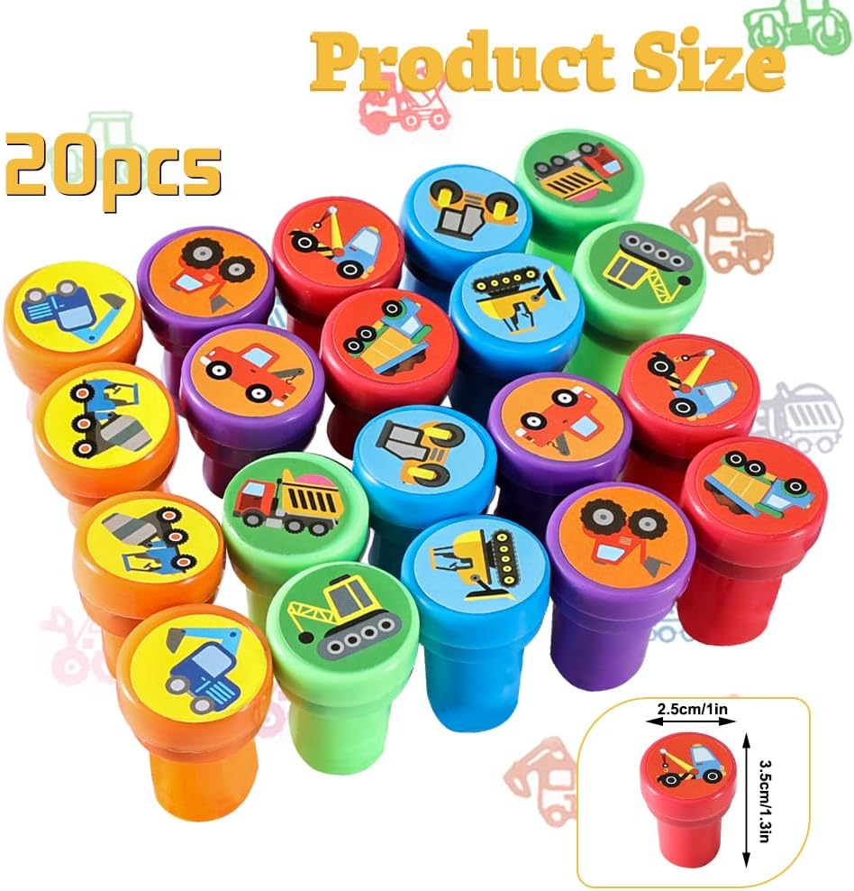 Pack of 20 Digger Children'S Stamps, Self-Inking Construction Truck Stamps, Construction Party Favours for Children'S Birthday, Party Accessories, Construction Site Stamp, Classroom Rewards