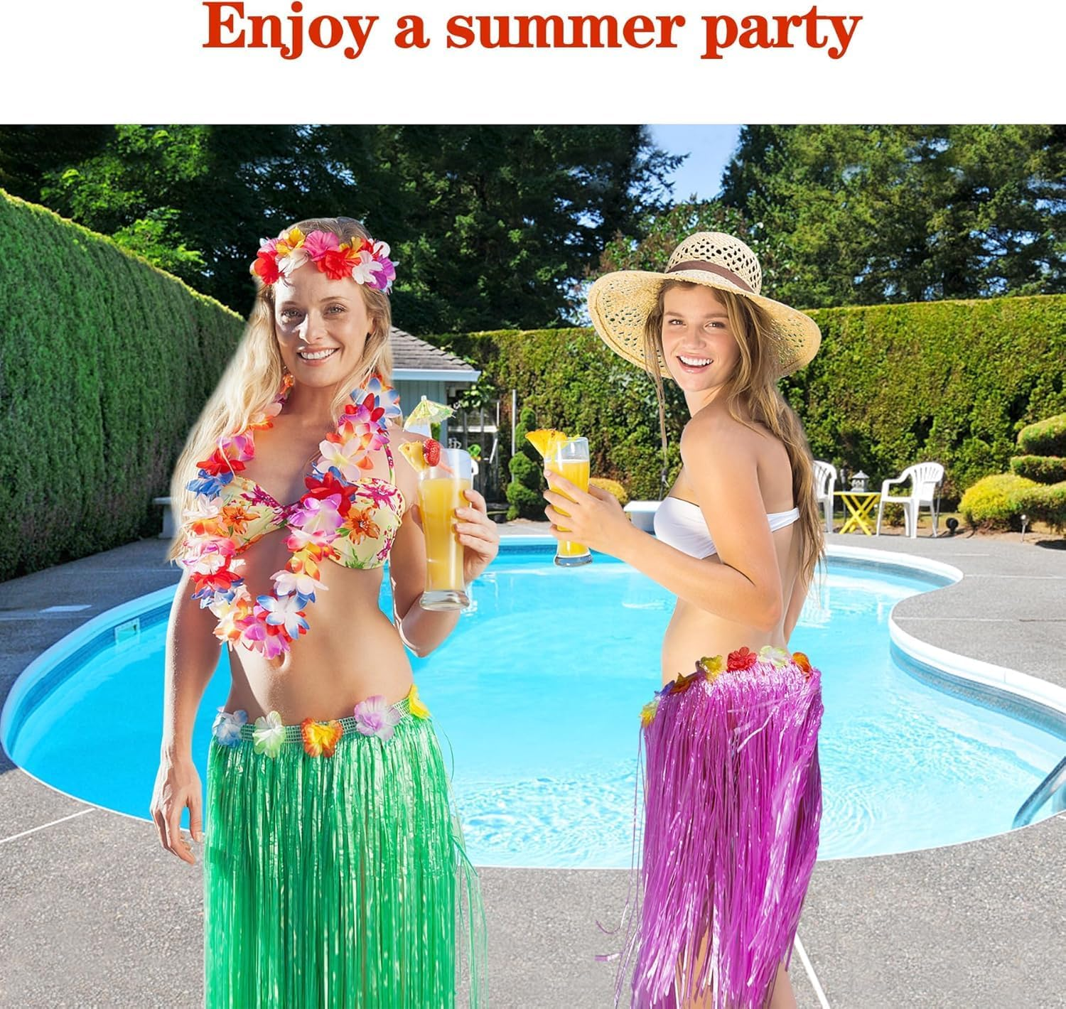 Grass Skirt Hawaiian Luau Hula Skirts Party Decorations Favors Supplies Multicolor Grass Skirts for Adult Elastic Hibiscus Flowers Tropical Skirt, Birthdays, Celebration 60CM 10Pack, Multicolored image number 4