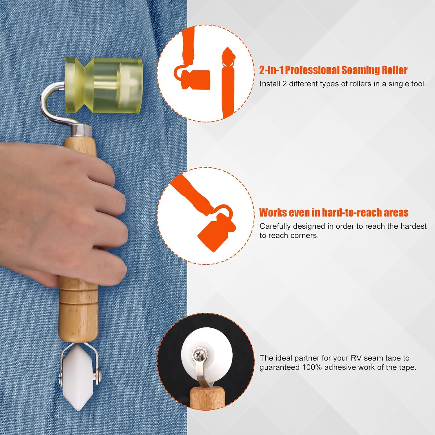 Gosknor Seam Roller, Wooden Wallpaper Tools Roofing Tools 2-In-1 Design RV Seam Tape Roller Car Sound Deadening Roller Roofing Roller Tool image number 3