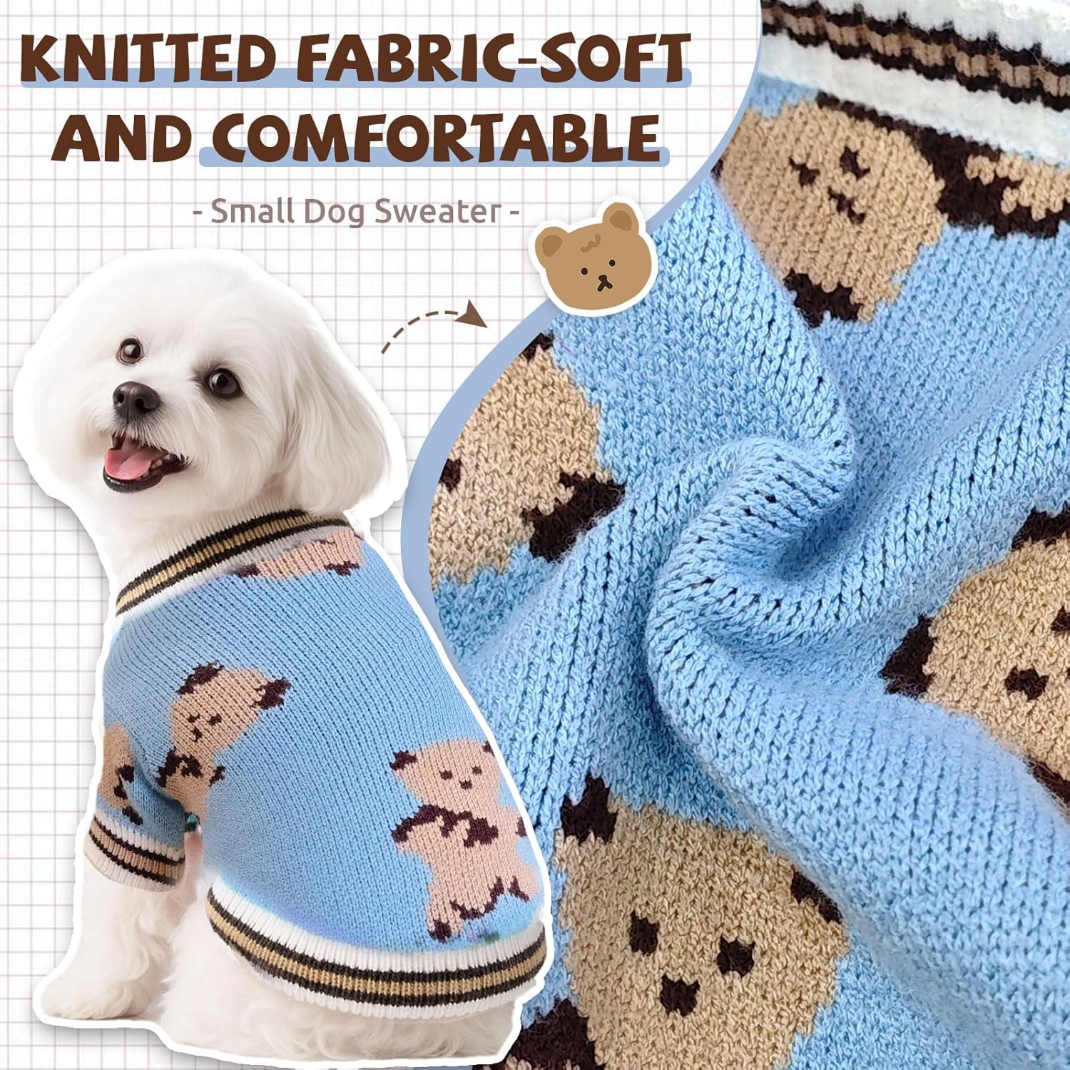 Small Dog Sweaters Cute Bear Knitted Dog Cardigans Clothes for Small Medium Dogs Soft Pet Puppy Cat Knitting Outfits Fall Winter Warm Boy Girl Dogs Knitwear Coat Apparel（Blue,X-Small） image number 6