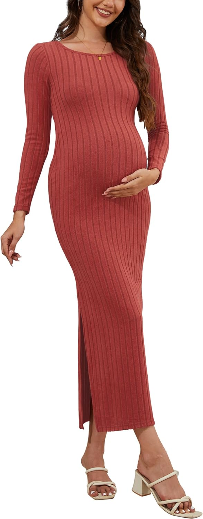 Women'S Maternity Sweater Dress Ribbed Knit Long Sleeve Maxi Bodycon Dress Pregnancy Outfits