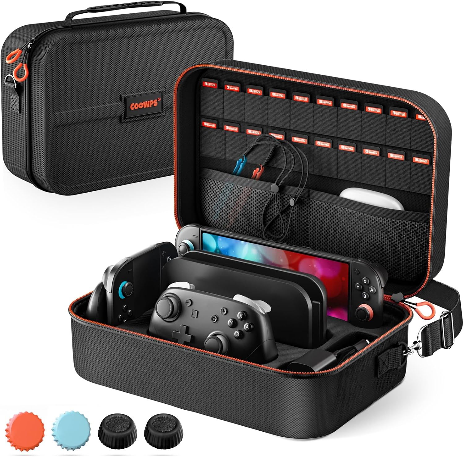 COOWPS Case for Nintendo Switch 2, Hard Shell Full Protection All-In-One Travel Case with 4Pcs Thumb Grip Caps & 20 Game Card, Slots Soft Lining Carrying Case for Switch 2 Accessories Pro Controllers