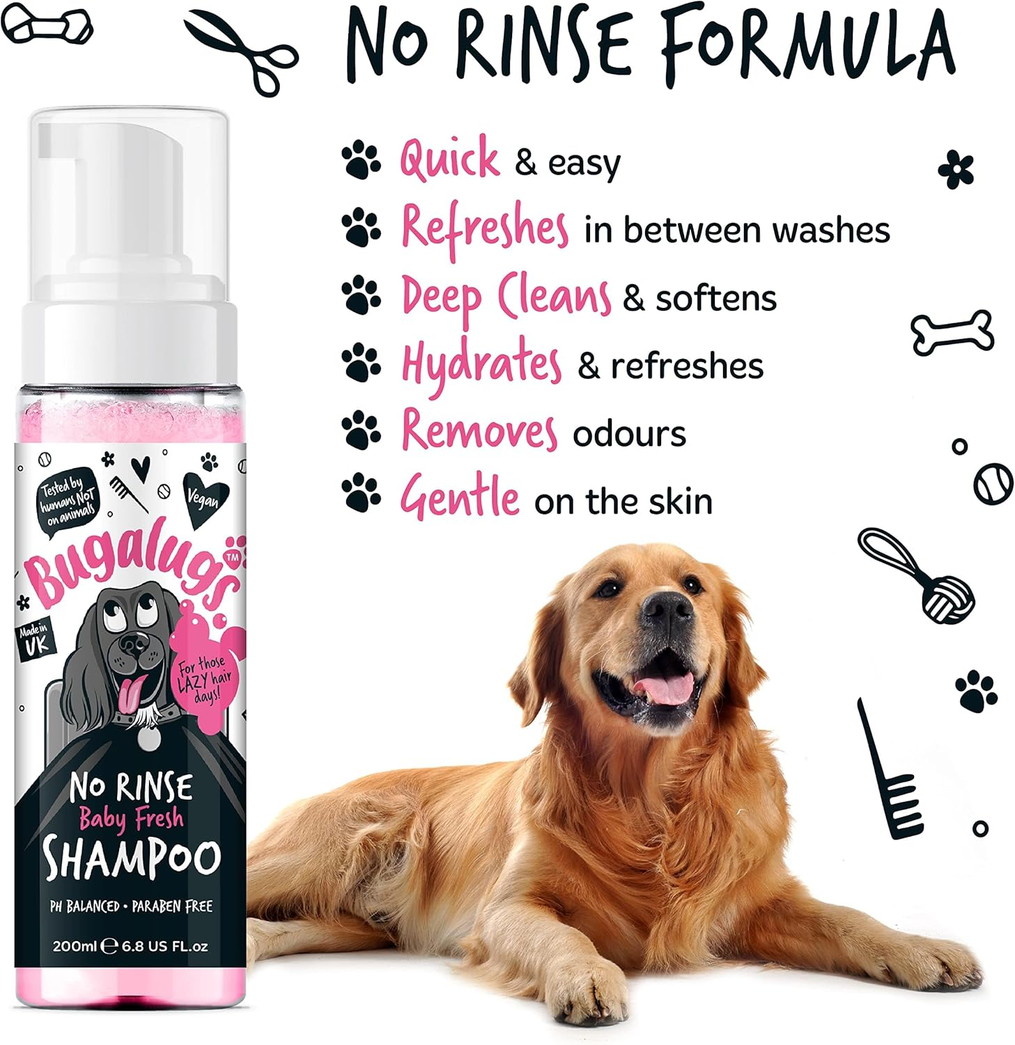 BUGALUGS No Rinse Baby Powder Dog Shampoo &ndash; Coat Dry Shampoo Quick Dog Bath for Dogs Itchy Skin Relief. Puppy Professional Groom Baby Powder Spray Foam (No 200Ml) Pink (BSNRBF200) image number 6