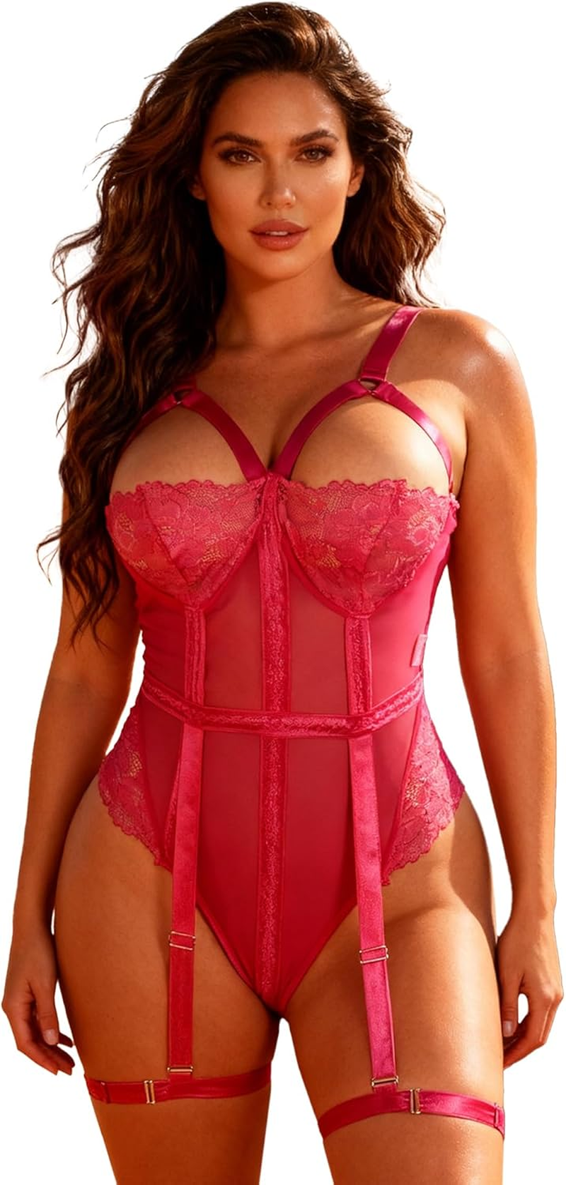 Ohmydear Women'S Lingerie Sets with Garter Belt Sexy Lace Bodysuit plus Size Strappy Teddy Babydoll Snap Crotch Underwear Set with Thigh Cuffs Size 8-22