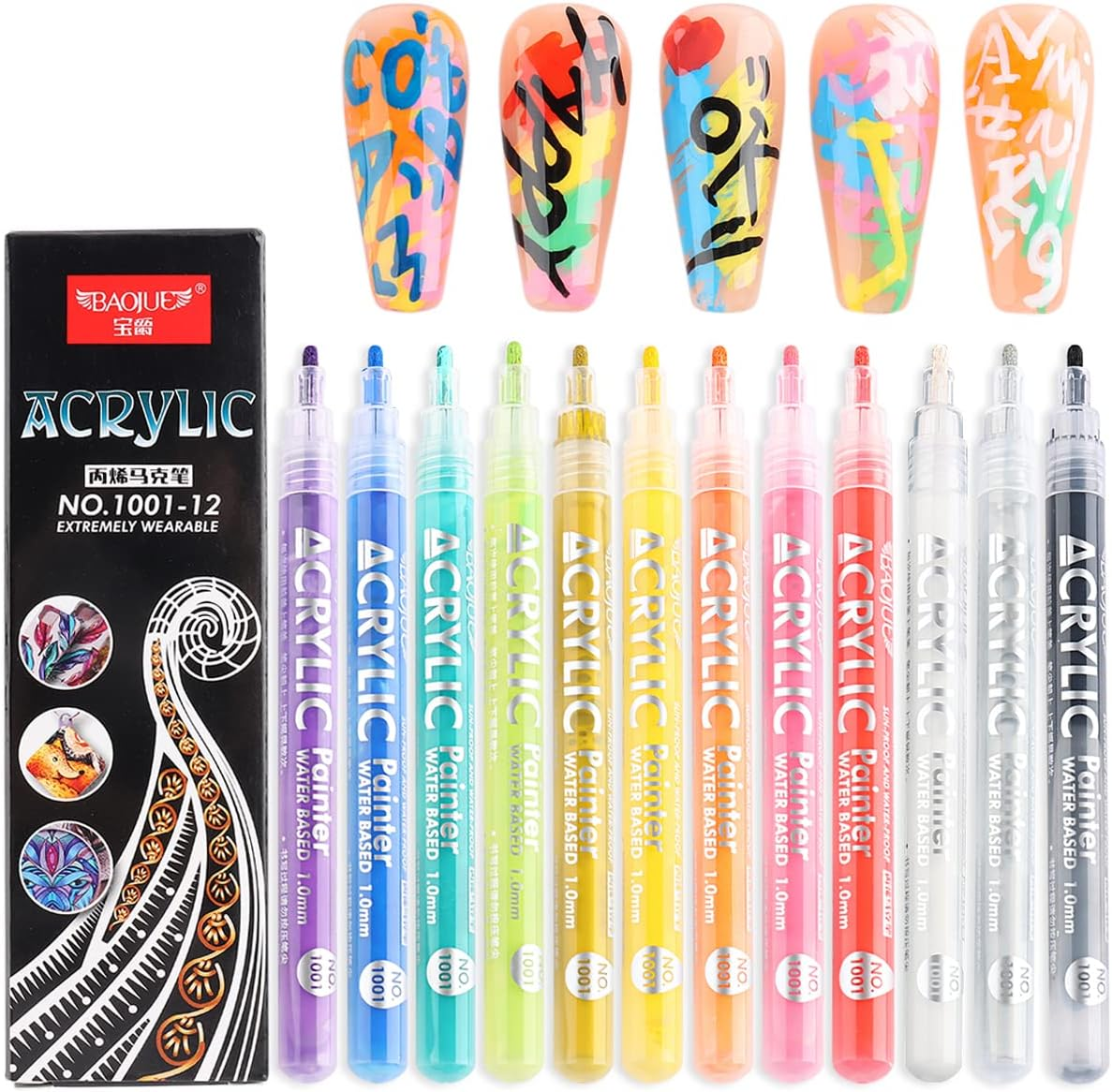Nail Art Graffiti Pen Set 12Pcs Waterproof Painting Marker Pen Black White Drawing Gel Liners Quick Dry Dotting Pen Nails Professional Material for Manicure