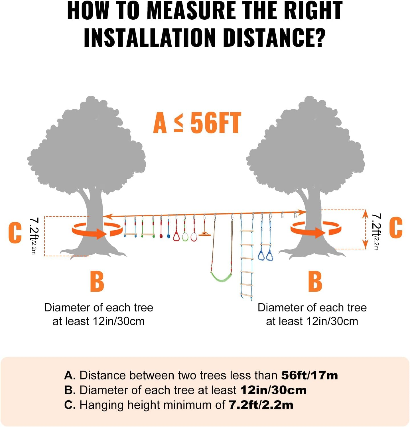 VEVOR Ninja Warrior Obstacle Course for Kids, 2 X 56 Ft Weatherproof Slacklines, 500Lbs Weight Capacity Monkey Line, Outdoor Playset Equipment, Backyard Toys Training Equipment Set with 12 Obstacles