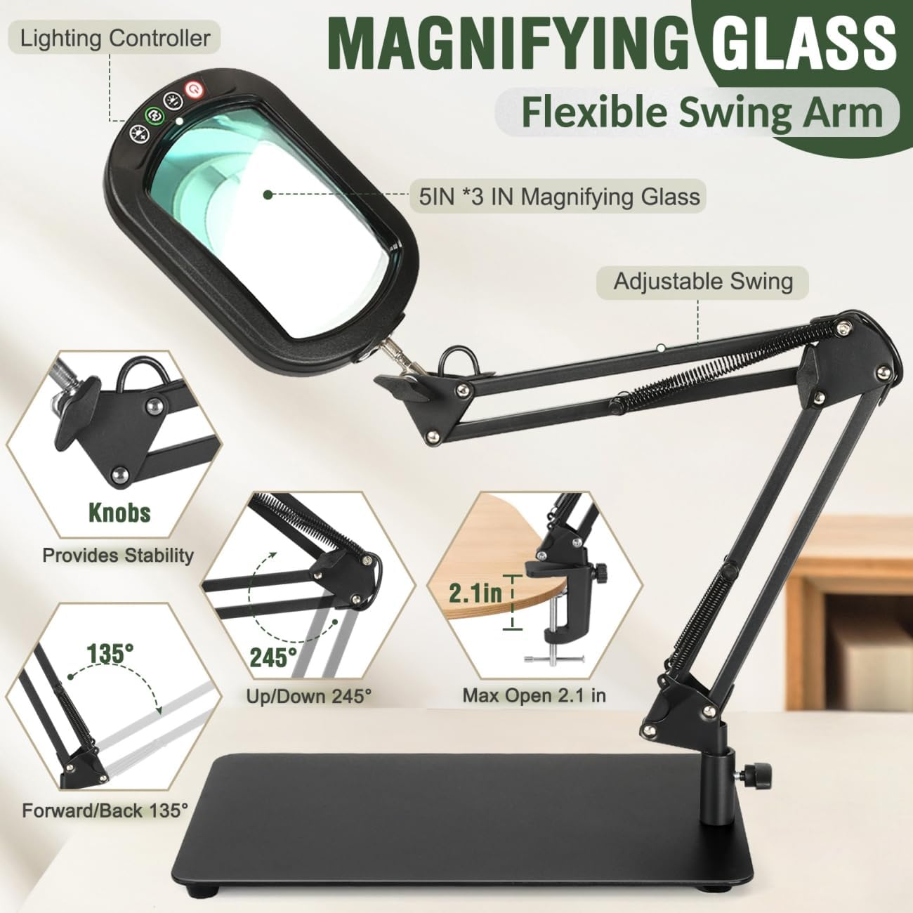 Veemagni 10X Rectangle Magnifying Glass with Light and Stand, 5 Color Modes Stepless Dimmable, 2-In-1 LED Lighted Desk Lamp & Clamp, Hands Free Magnifier for Reading Crafts Repair Painting Close Work image number 5