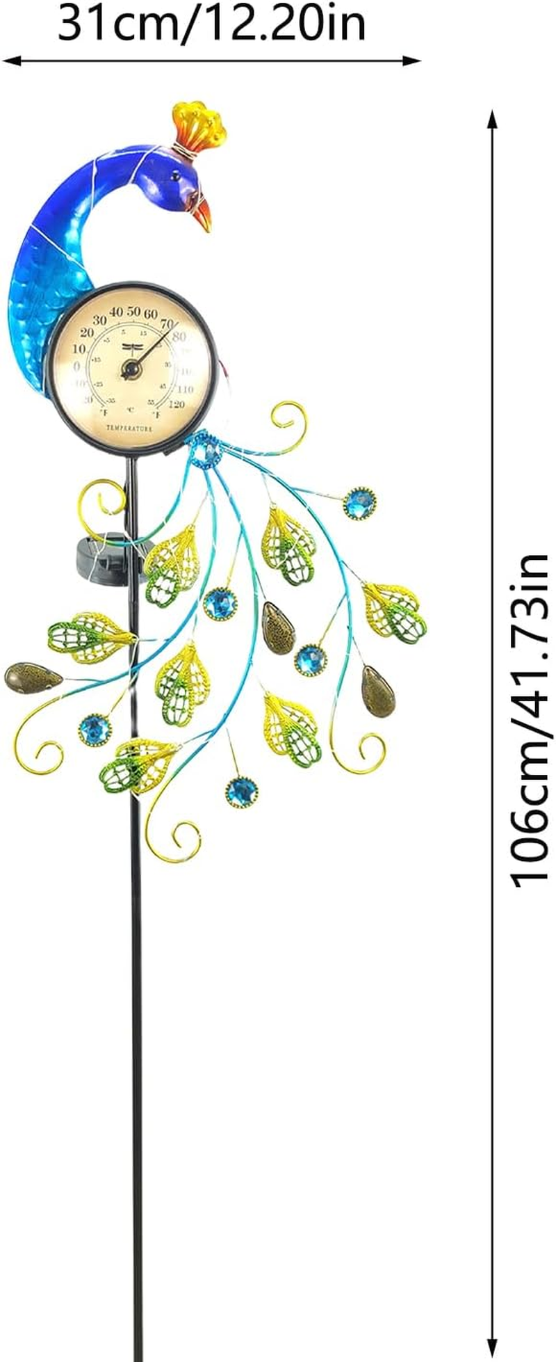 Outdoor Thermometer Peac-Ock Garden Stake, Solar Garden Stake Lights with Temperature Display, Decorative Outdoor Thermometers for Patio, Yard, Gard-En, Pathway