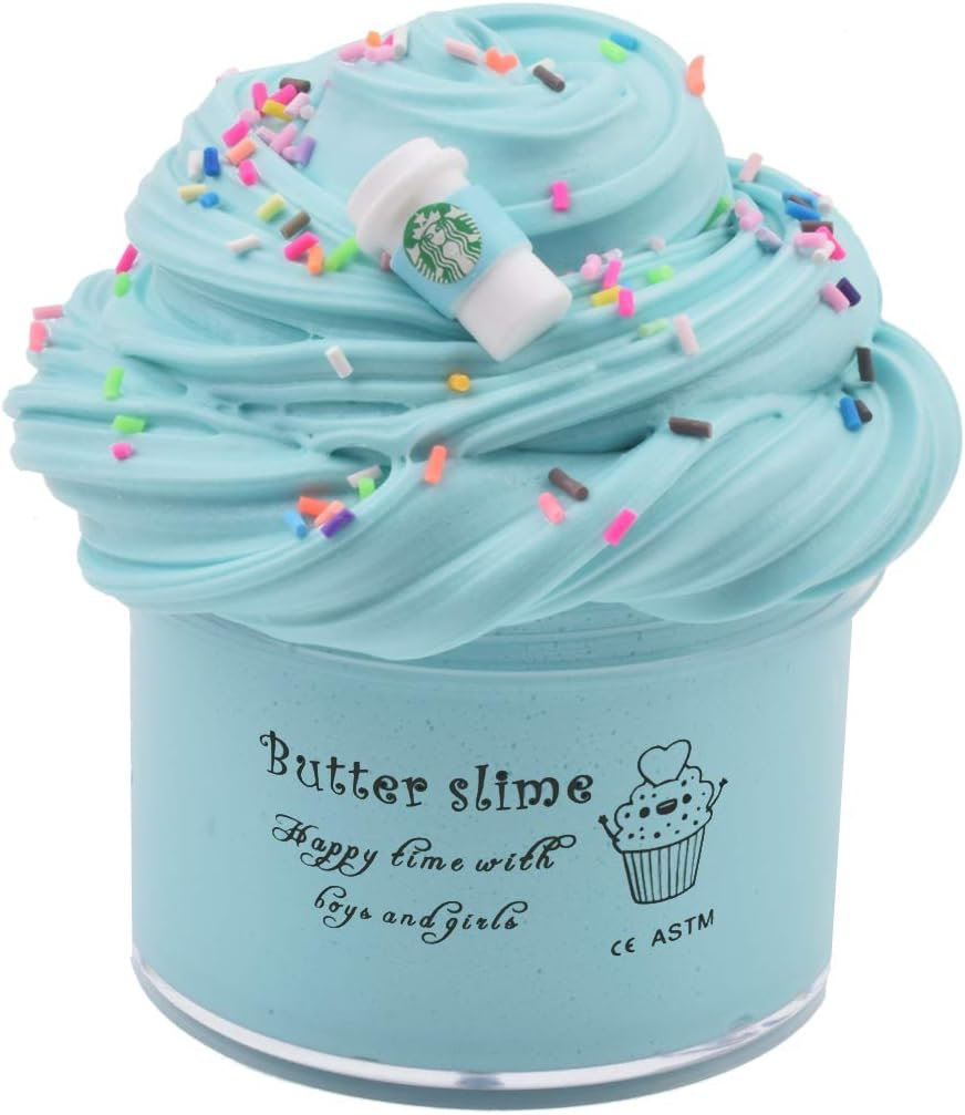 Latte Slime (Scented) with Charm, Butter Slime Strechy Non-Sticky and Glossy Slime, Stress Relief Toy for Girls and Boys (Blue)