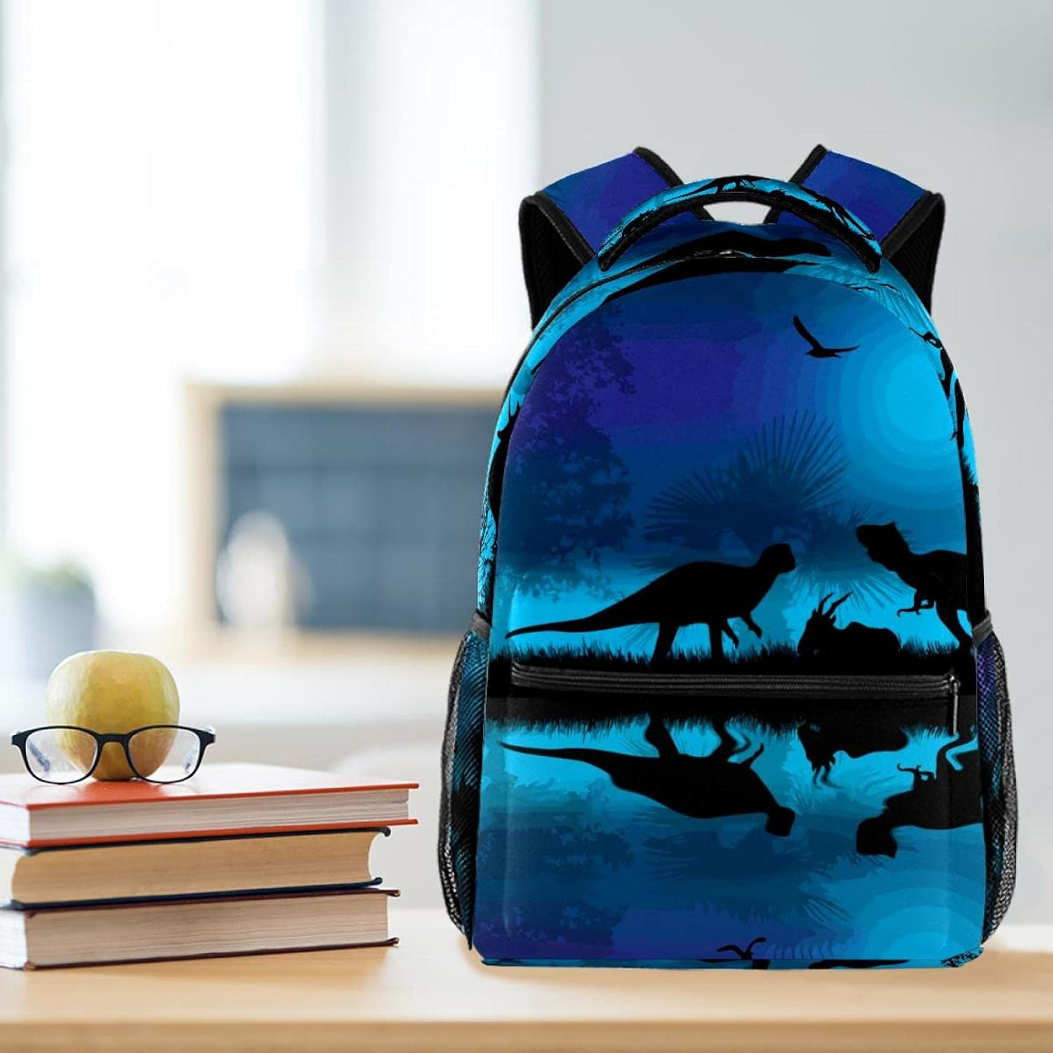 Dinosaurs Silhouettes at Blue Night near Water Backpack Students Shoulder Bags Travel Bag College School Tote Backpacks image number 4