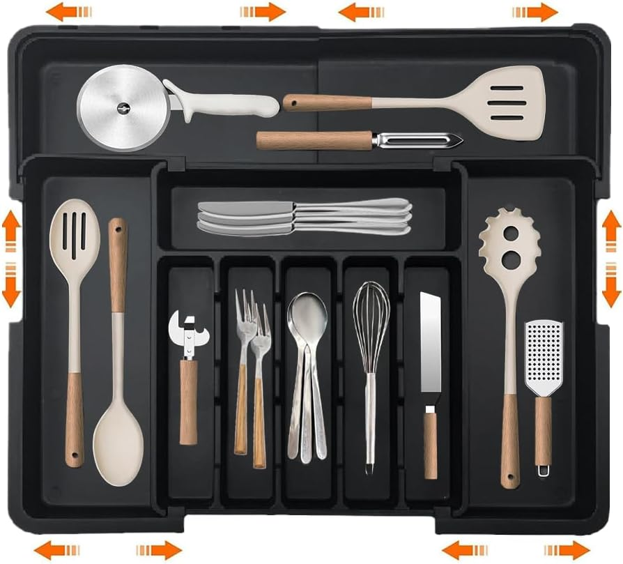Wnddle Expandable Cutlery Tray for Drawers, Drawer Organiser, Cutlery Tray for Drawers, Adjustable Drawer Insert, Cutlery Tray, Kitchen Organiser, for Spoons/Forks (Grey)