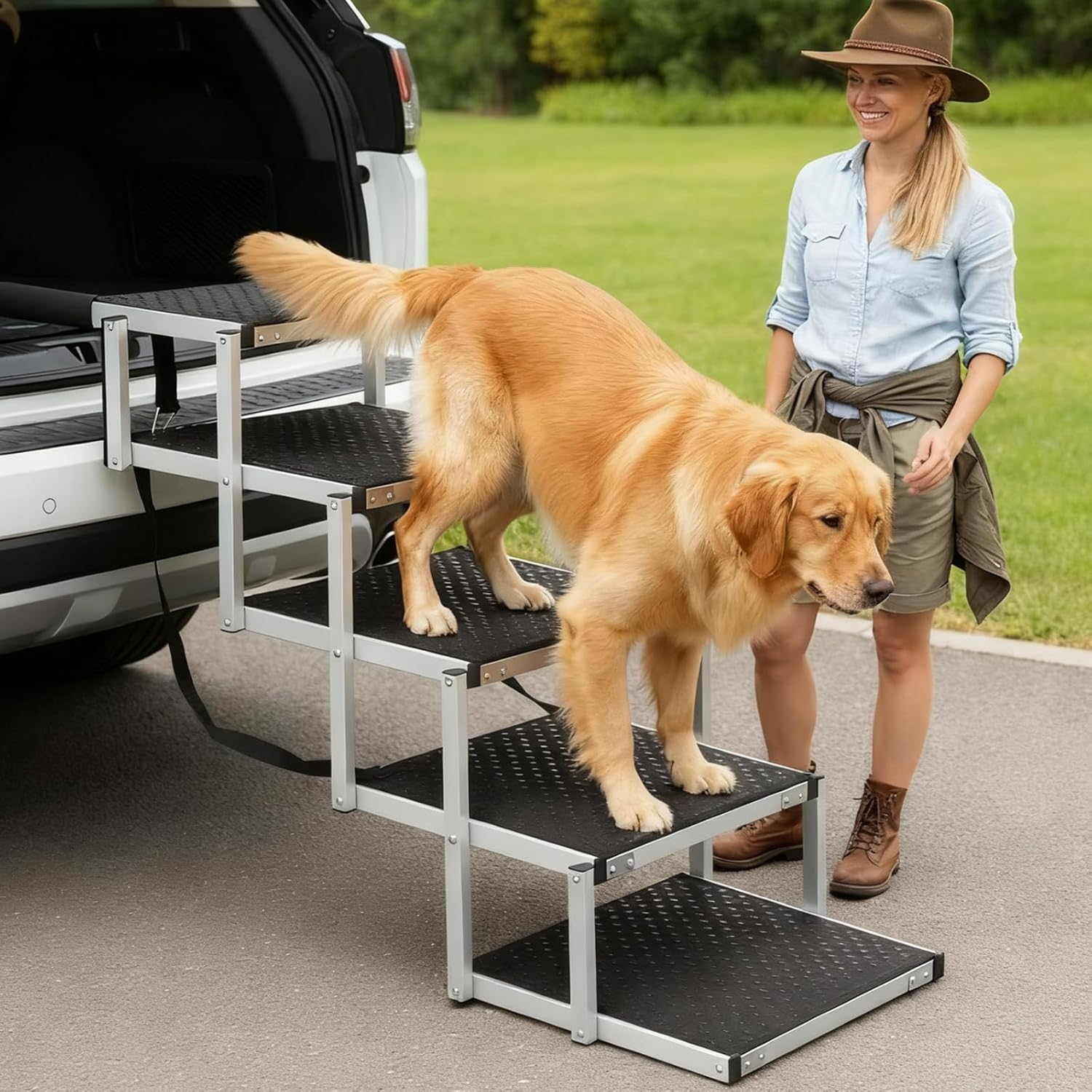 Ouqiesli 5-Step Dog Ramp for Cars, Suvs, Trucks & High Beds | Adjustable Foldable Pet Stairs | Non-Slip Surface | Supports up to 70Kg | Small to Large Dogs