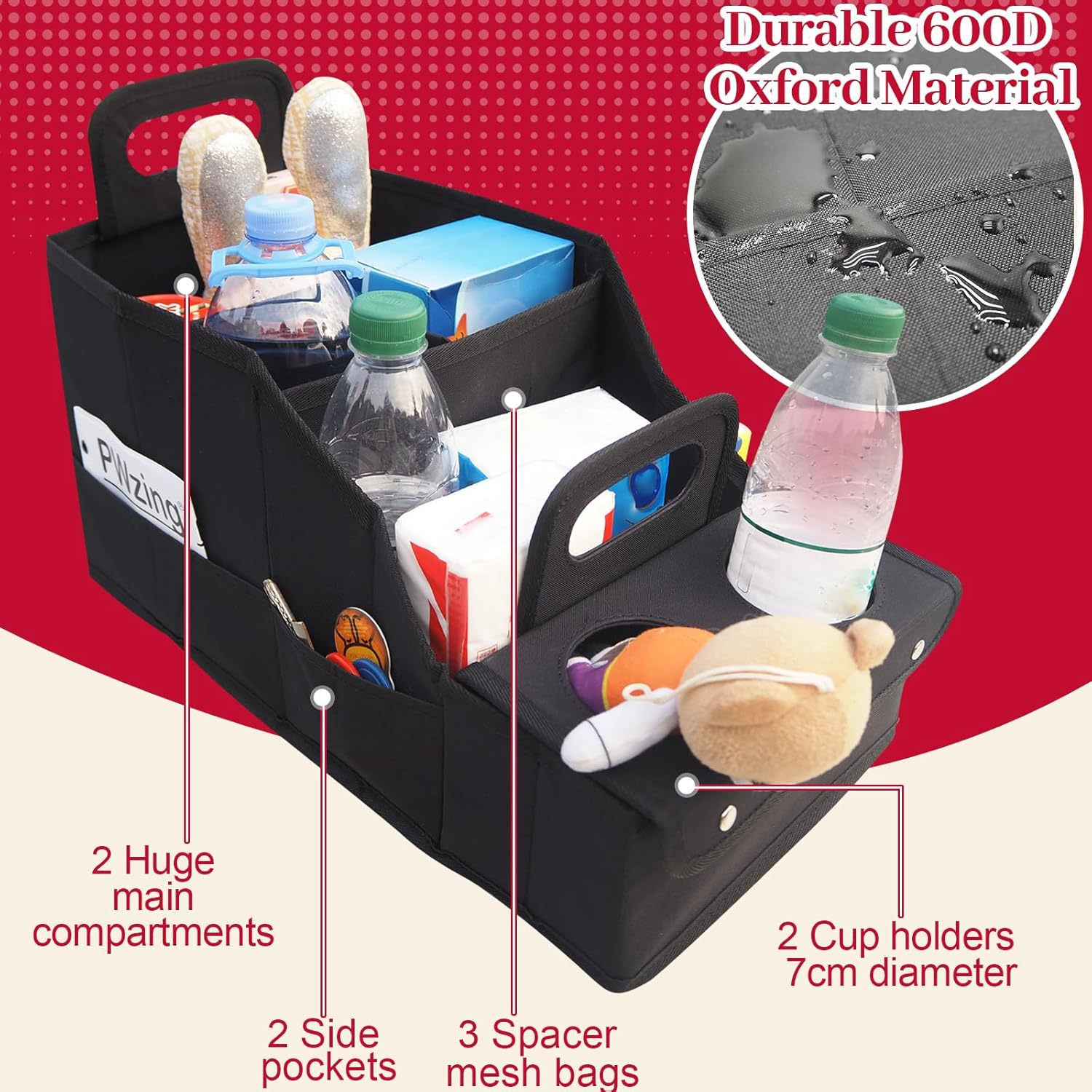 Car Seat Organizer Backseat Car Storage Box, Foldable Vehicles Organizer with 11 Storages Compartments & 2 Cup Holders, Travel Car Storage Basket for Truck Trunk Van image number 1