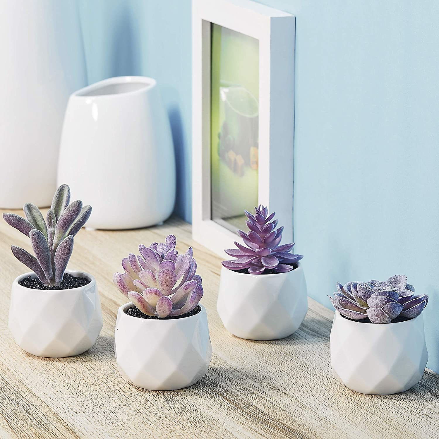 CADNLY Fake Succulent Plant Set - Artificial Succulent Plants for Women Desk - Realistic Faux Succulents in Ceramic Planter Pots - Mini Purple Succulent Decor for Bedroom Bathroom Office Shelf Decor - Pink image number 4