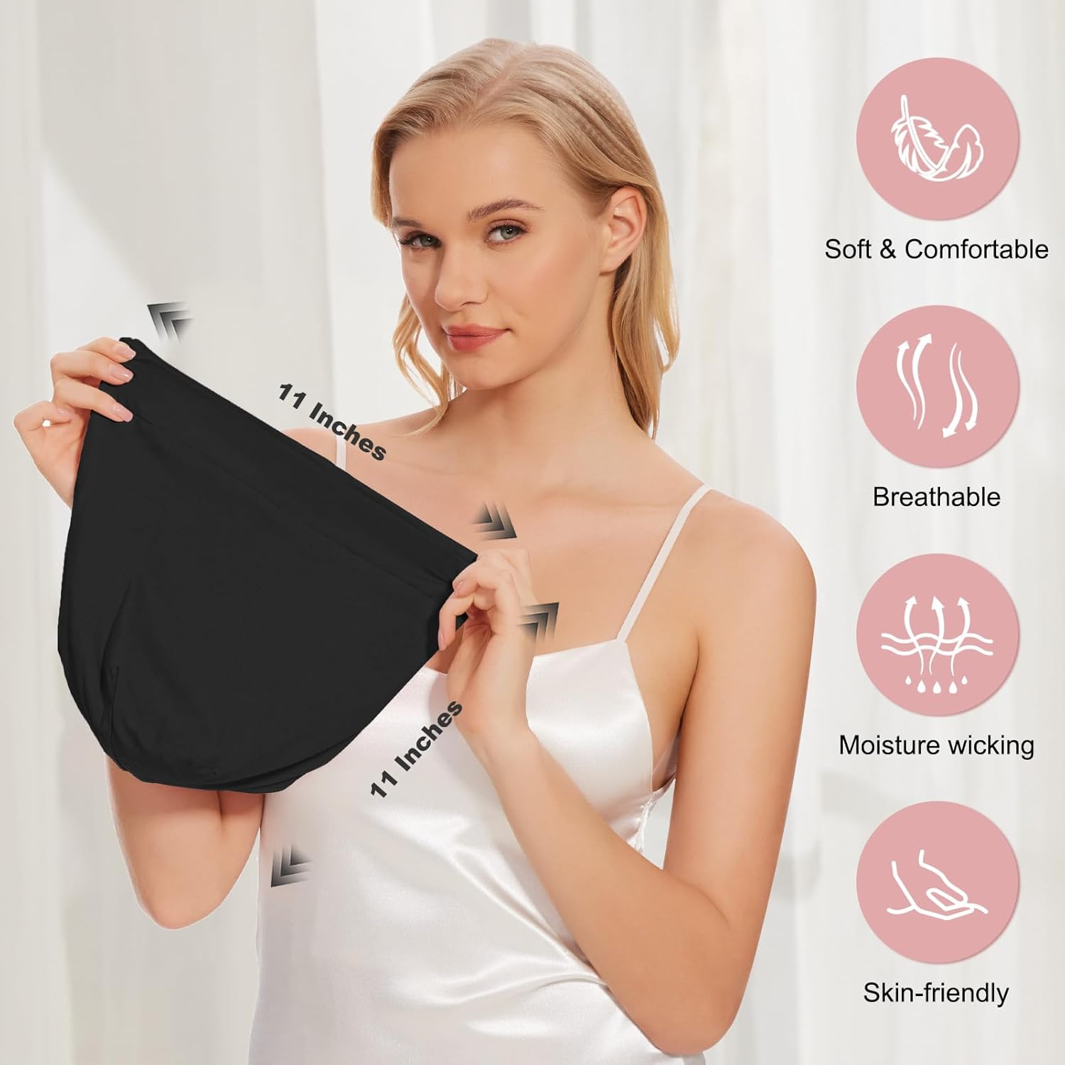 Silk Bonnet for Sleeping Women, Adjustable Silky Satin Lined Sleep Cap, Silk Hair Wrap for Sleep Night Cap, Black&Black, One Size image number 1