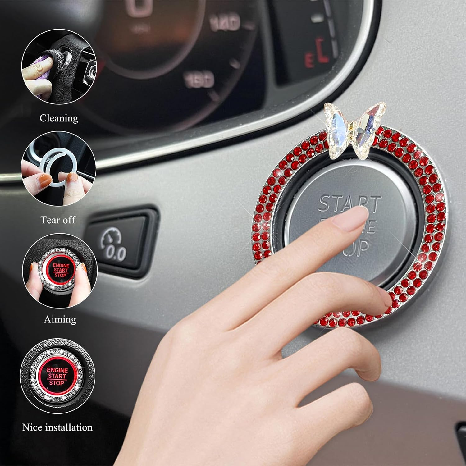 Bling Ring Emblem Car Accessories, Sparkling Butterfly Car Buttons and Knobs Ring, Girly Butterfly Diamond Car Engine Start Button Cover, Key Ignition Knob Ring Decoration for Women (Red) - Ab image number 2