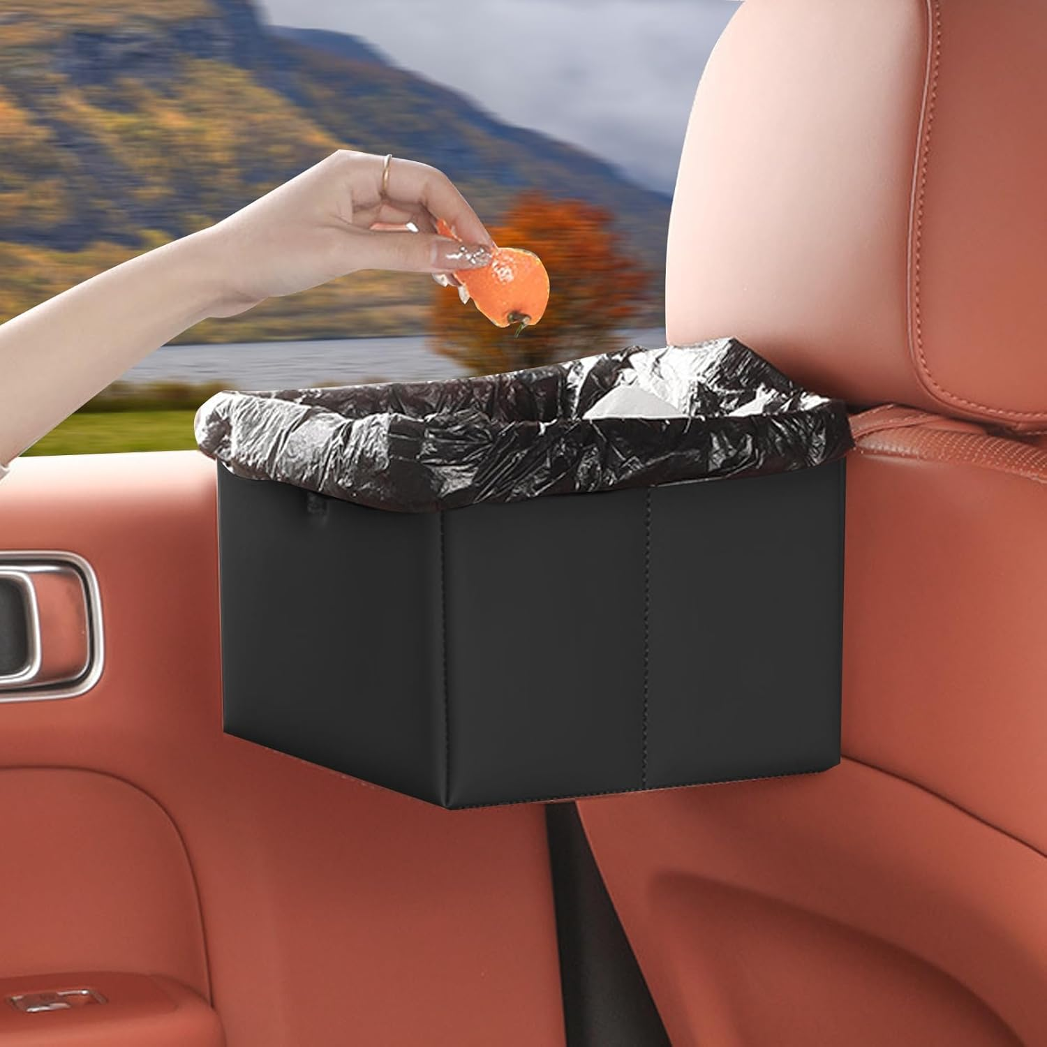 Foldable Car Trash Can with Trash Bags, 6L Large Capacity Hanging Waterproof Leakproof Trash Can Storage Car Rubbish Bin,Car Organizers and Storage for Home Office (Black) image number 2