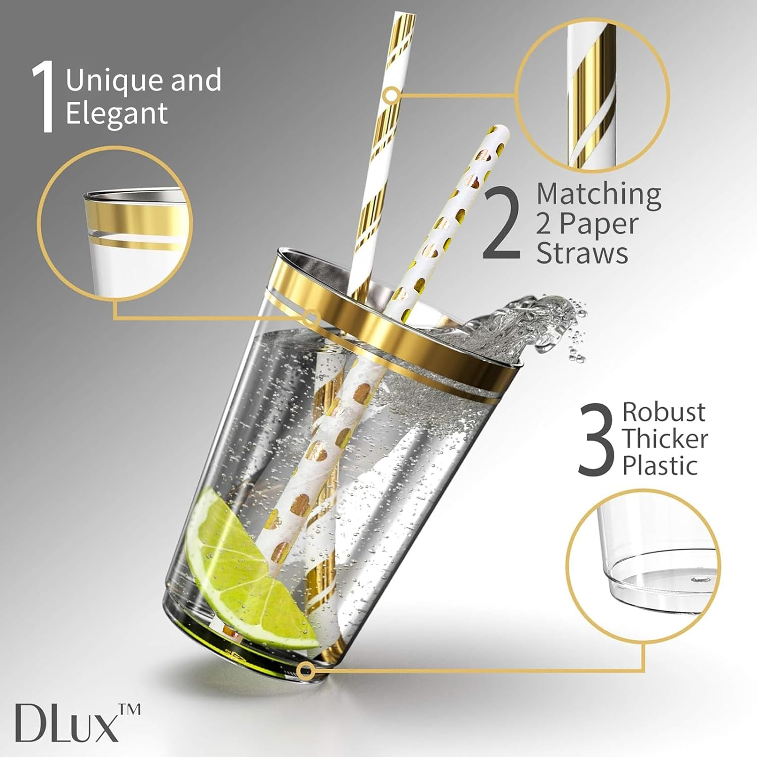 Sebusong 225 Pcs Dinnerware Set Gold, Reusable Plastic Dinner Plates Set Include 25 Dinner Plates, 25 Salad Plates, 75 Silverware(25 Forks, Knives, Spoons), 25 Napkins, 25 Cups, 50 Paper Straws image number 2