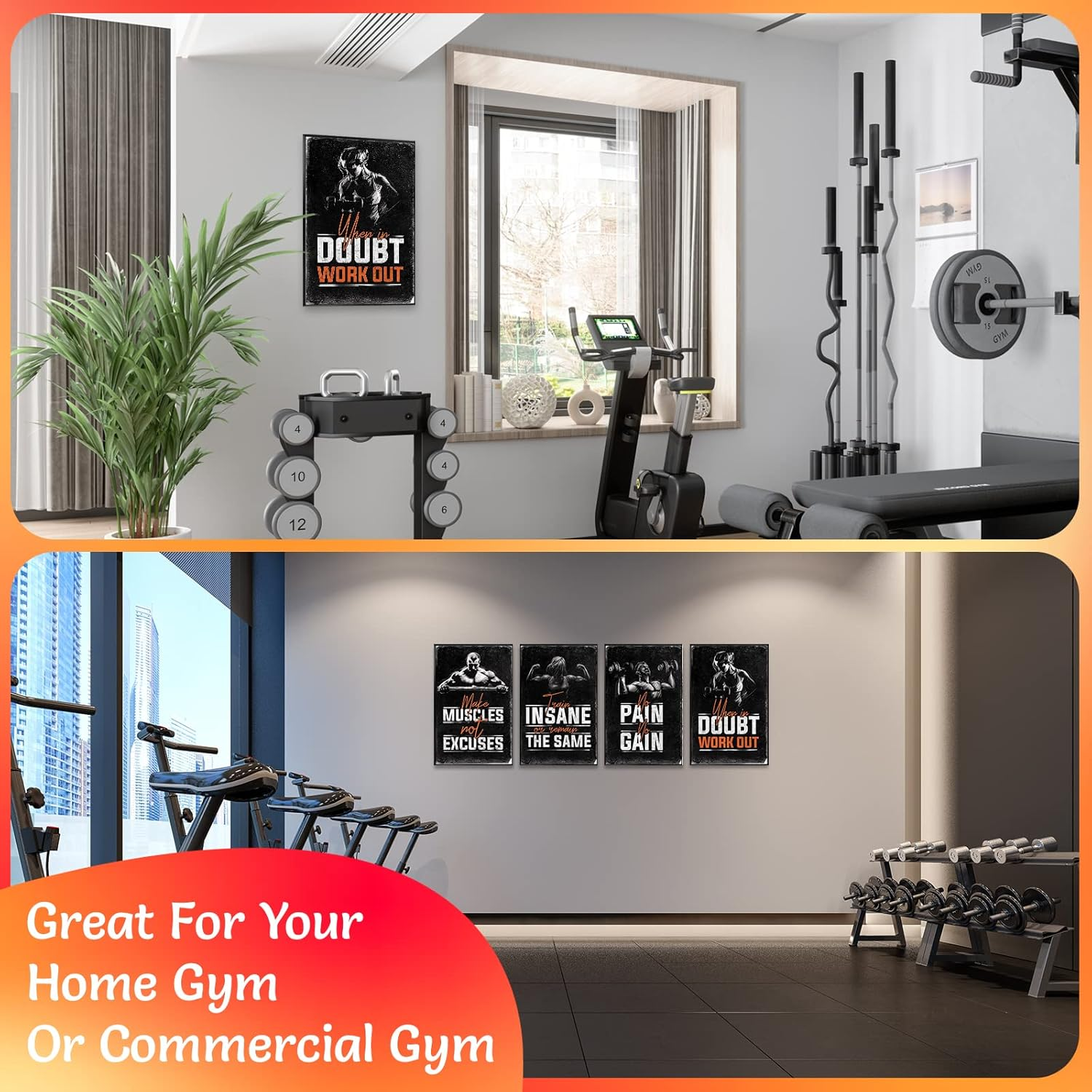 Bodybuilding Motivational Fitness Posters Set of Four. Wall Art Inspiration and Quote Decals with Workout Weight Lifting and No Excuses Inspirational Images. No Pain No Gain Prints. Great Mens Gifts