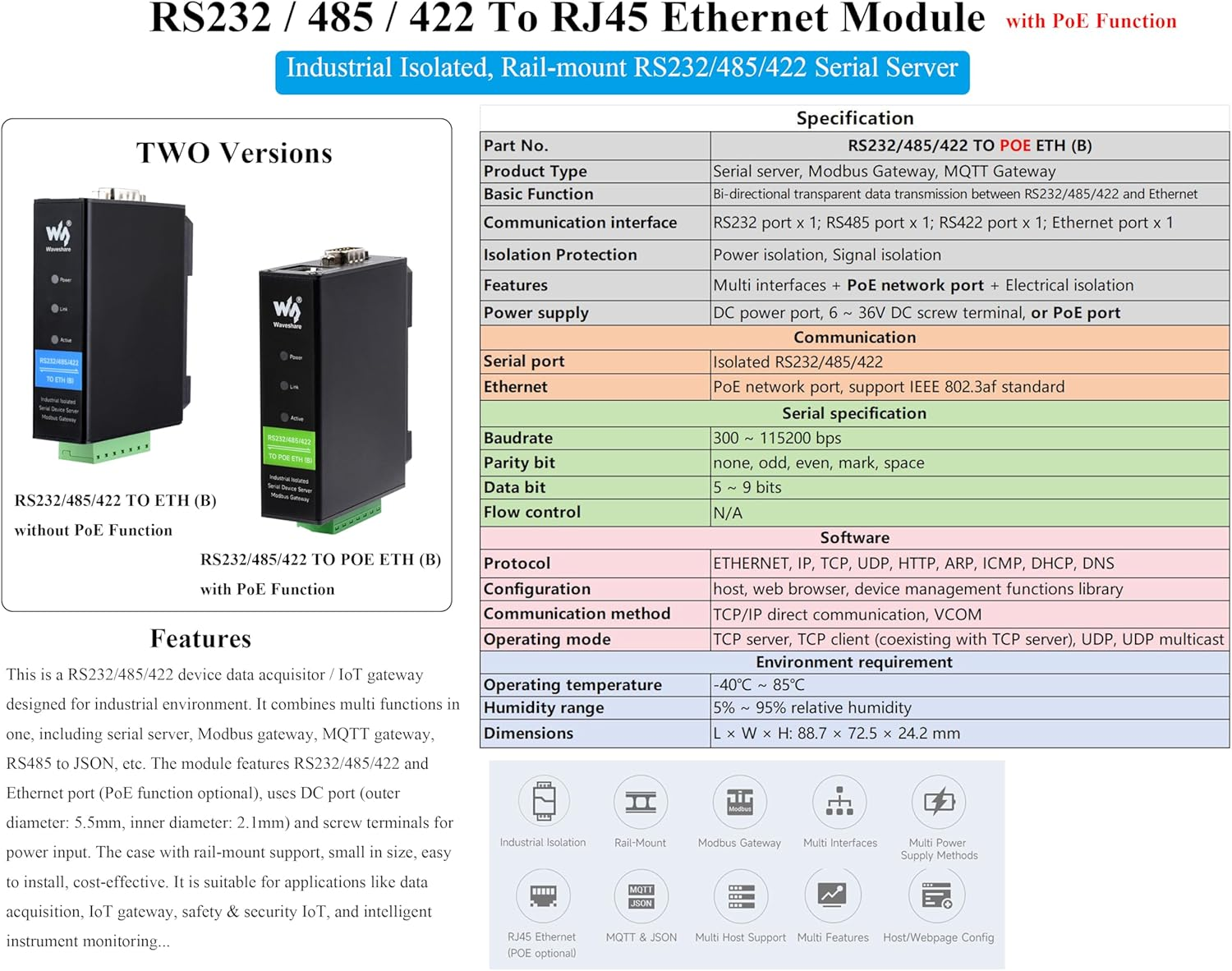 RS232/485/422 to RJ45 Ethernet Converter, with POE Function, Bi-Directional Transparent Data, TCP/IP to Serial, Serial Server for Data Acquisition, Iot Gateway Intelligent Instrument Monitoring image number 5