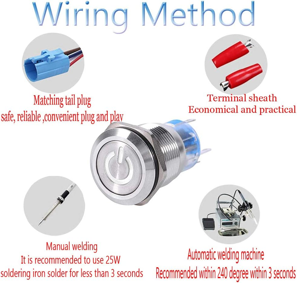 E Support 19Mm 12V 5A Power Symbol Angel Eye Halo Car Blue LED Light Metal Push Button Toggle Switch Socket Plug Wire - Blue image number 6