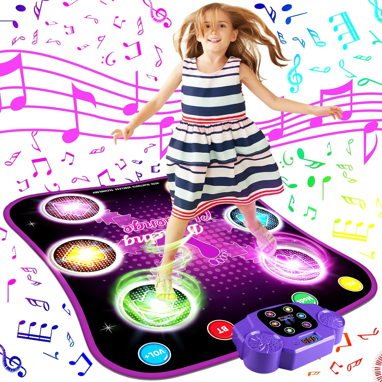 SUPER JOY Dance Mat Toys for 3-12 Year Old Kids, Light up Dance Pad with Wireless Bluetooth | Music Dance Game with 5 Game Modes | Gift Toy for Girls & Boys Ages 6 7 8 Years Old +