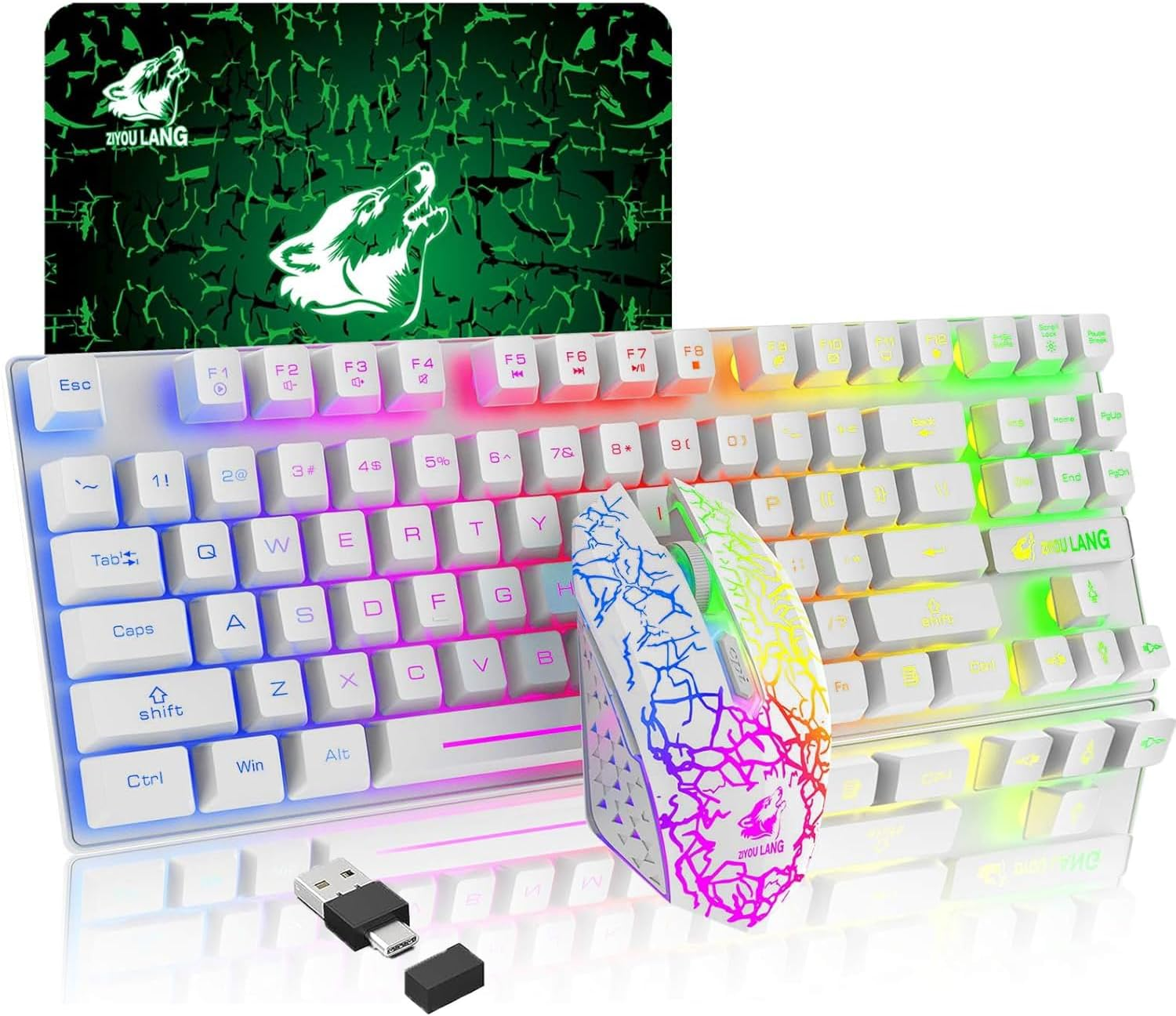 Lexonelec Wireless RGB Backlit Gaming Keyboard Mouse Combo,Rechargeable 3800Mah Battery, 87-Key Mechanical Feel Keyboard, Quiet Mouse and Mouse Pad for Gamers and Office Typists(White)