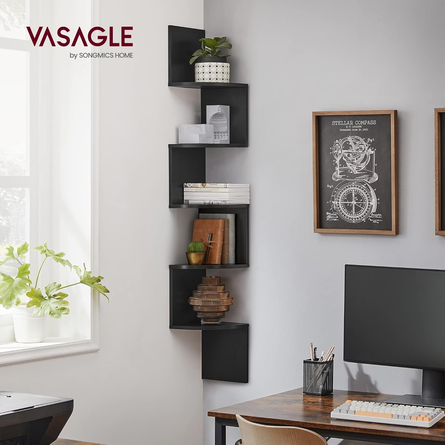 VASAGLE 5-Tier Corner Shelf, Display Floating Shelf in Living Room, Study, Kitchen, Bedroom, for Plants, Cds, Decorations, Modern, Ink Black LBC072B01 - Multicolor image number 3