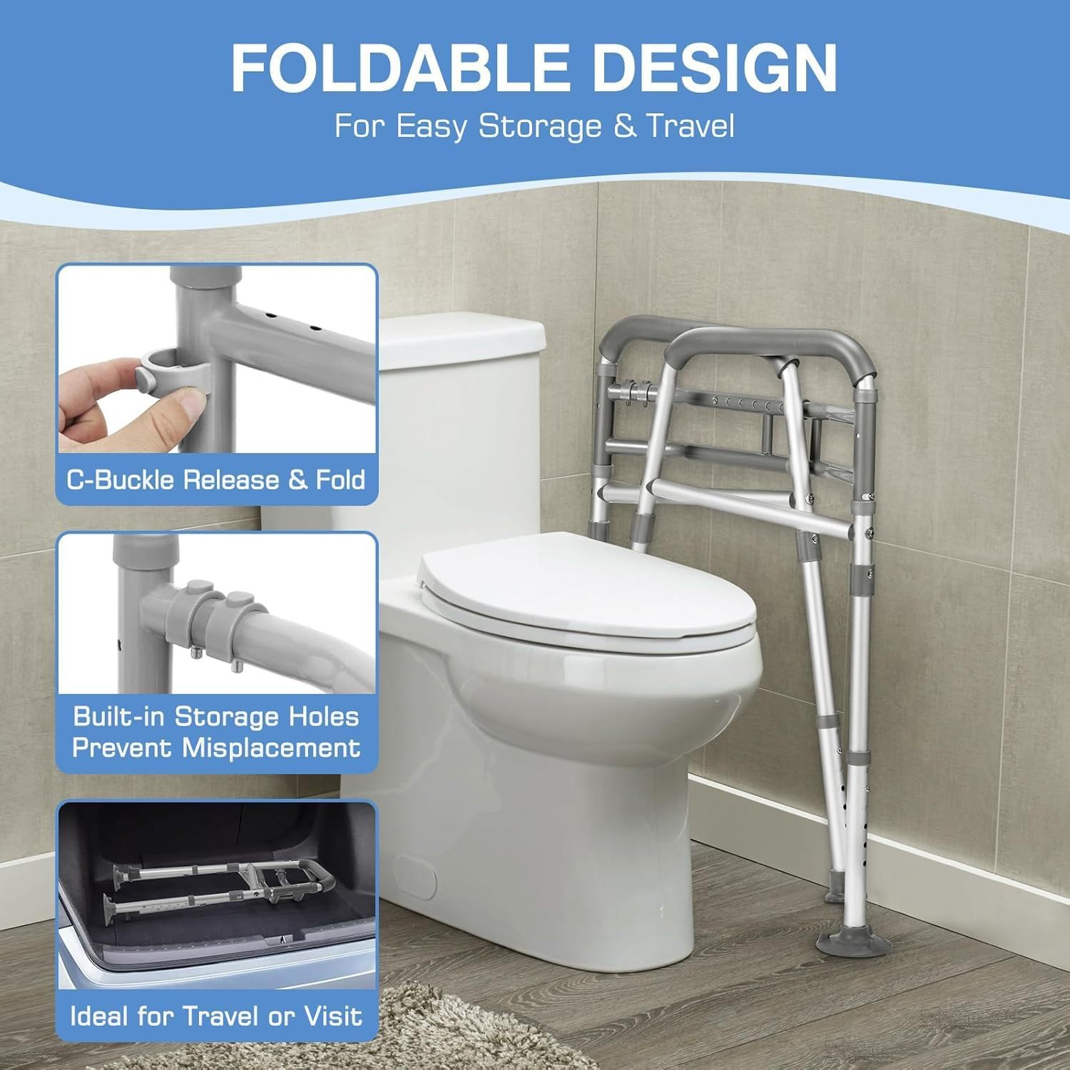 Toilet Safety Rails, Safety Frames Rails Suction Cup Floor Standing Toilet Armrest，Adjustable Bathroom Support Handles, Fits Most Toilet