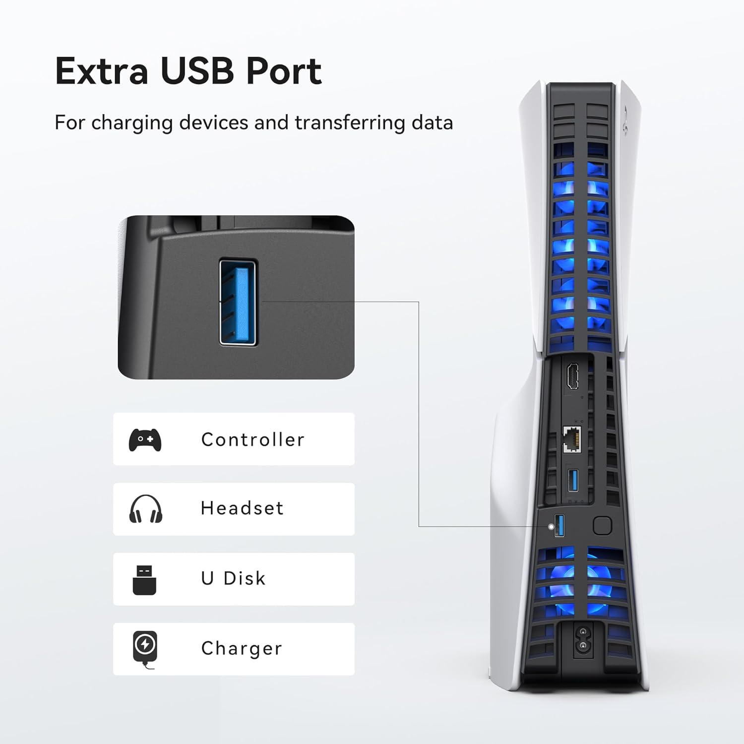 KIWIHOME Cooling Fan for PS5 Slim, Efficient Cooler Fan with Auto On/Off, Adjustable Speed, Quiet Cooling Fan with USB3.0 Port, Four Fan Cooling System with LED Light, Not for PS5 2020 and PS5 Pro image number 5