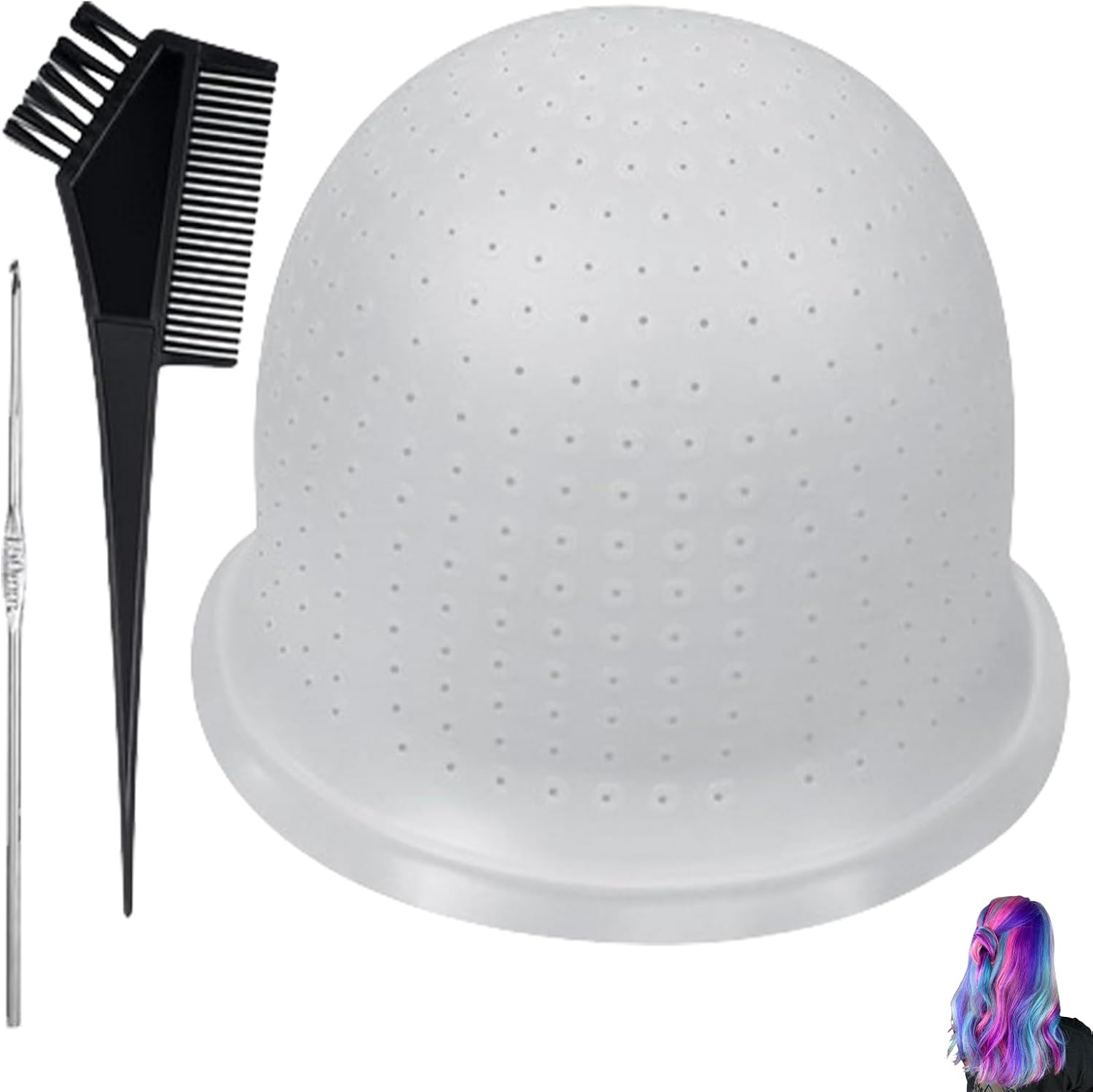 Silicone Highlight Cap, Highlight Set, Make Your Own Strands, Hair Net Strands Hood Holes, Reusable Silicone Highlight Cap with Hooks, Colouring Brush for Salon, Home Hair Dyeing