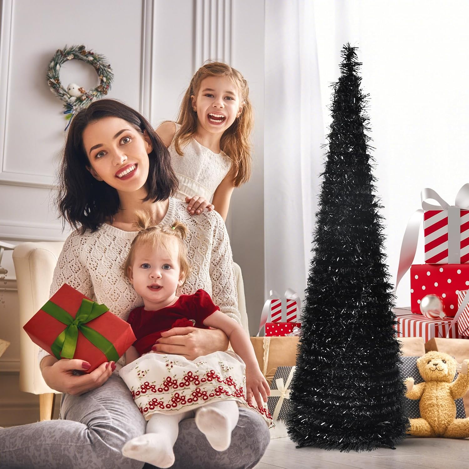 YUQI 5' Slim Black Tinsel Pop-Up Artificial Halloween Christmas Tree,Collapsible Pencil Halloween Christmas Trees Features Sequins Accents for Apartments,Dorm Rooms,Fireplace or Party image number 1