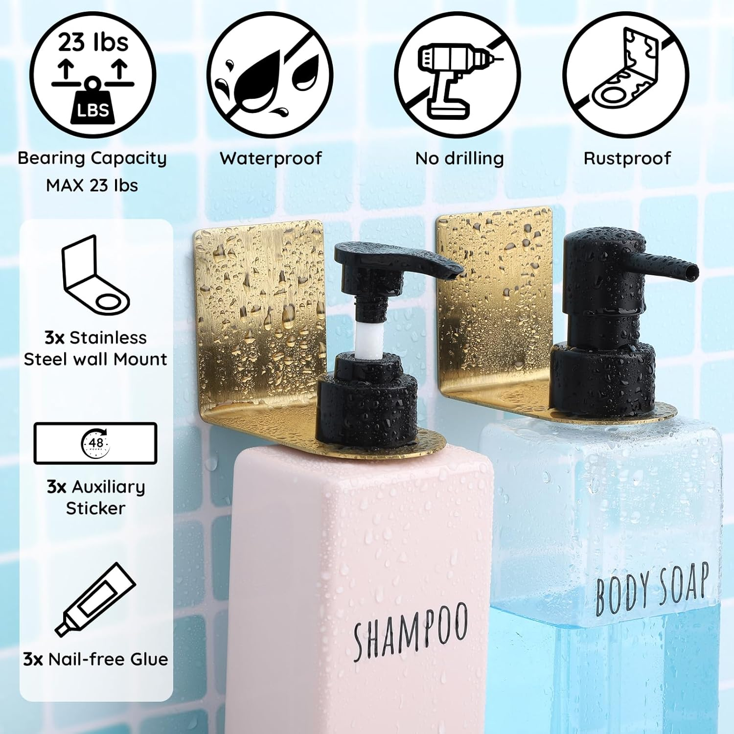 Segbeauty Stainless Soap Bottle Dispenser Holder, Pack of 3, Dia 1.1In/2.8Cm, Drill-Free, Adhesive Wall Mount, Gold image number 1