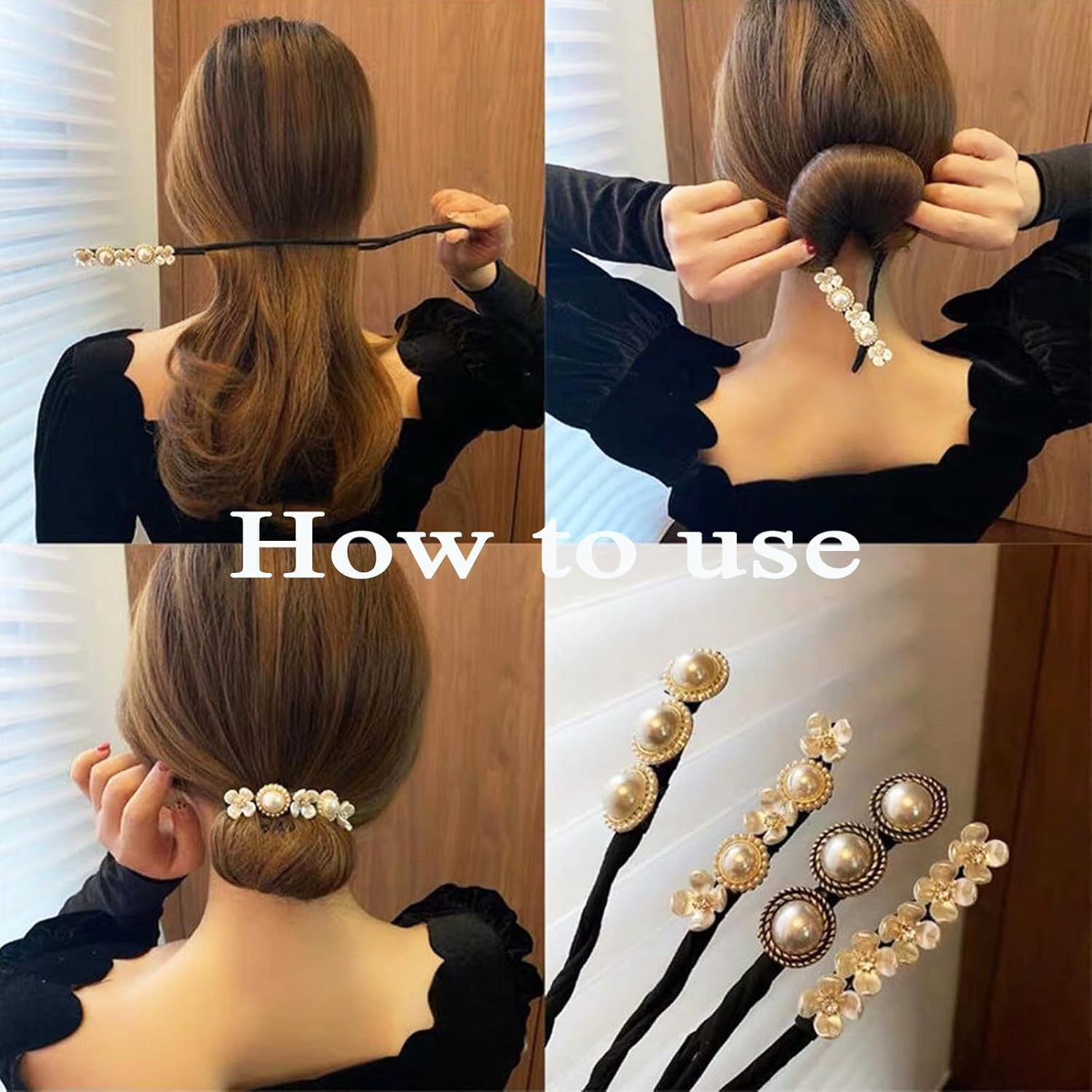 Hair Bun Maker with Pearl Flower Decor, 4Pcs Lazy Hair Curler French Twist Hairstyle Bun Former Maker Vintage Hair Styling Accessories,Reusable DIY Quick Bun Maker for Thin Hair