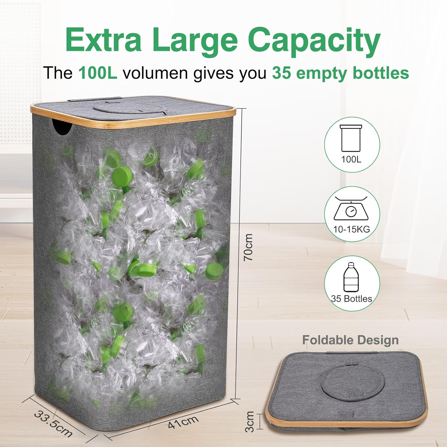 HOTOIQ Recycling Bin for Kitchen Home, Reusable Separate Recycling Bin Organizer,100L Recycling Waste Trash Sorting Organizer for Collecting Empties and Glass Waste,Deposit Bottles,Waterproof(Grey) image number 6