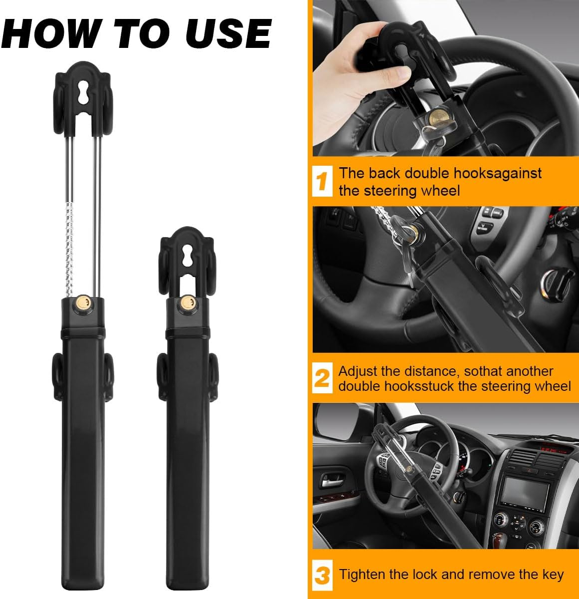 Steering Wheel Lock anti Theft Car Device Steering Wheel Lock Anti-Theft Device Adjustable Length Clamp Double Row Atom Keys Steering Lock Car Steering Wheel Lock Heavy Duty Secure Device image number 5