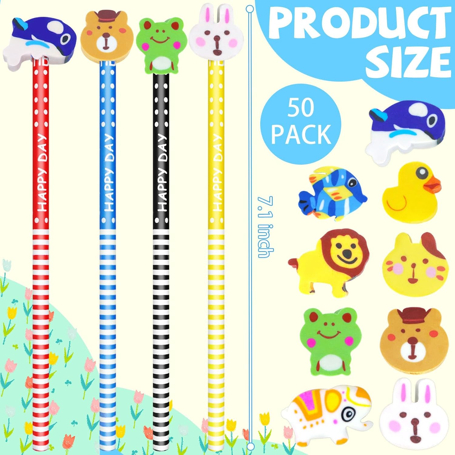 50 Pack Assorted Colorful Cartoon Animal Pencils with Erasers - Fun for Kids, Bulk with Animal Eraser Toppers, Party Favors, Novelty