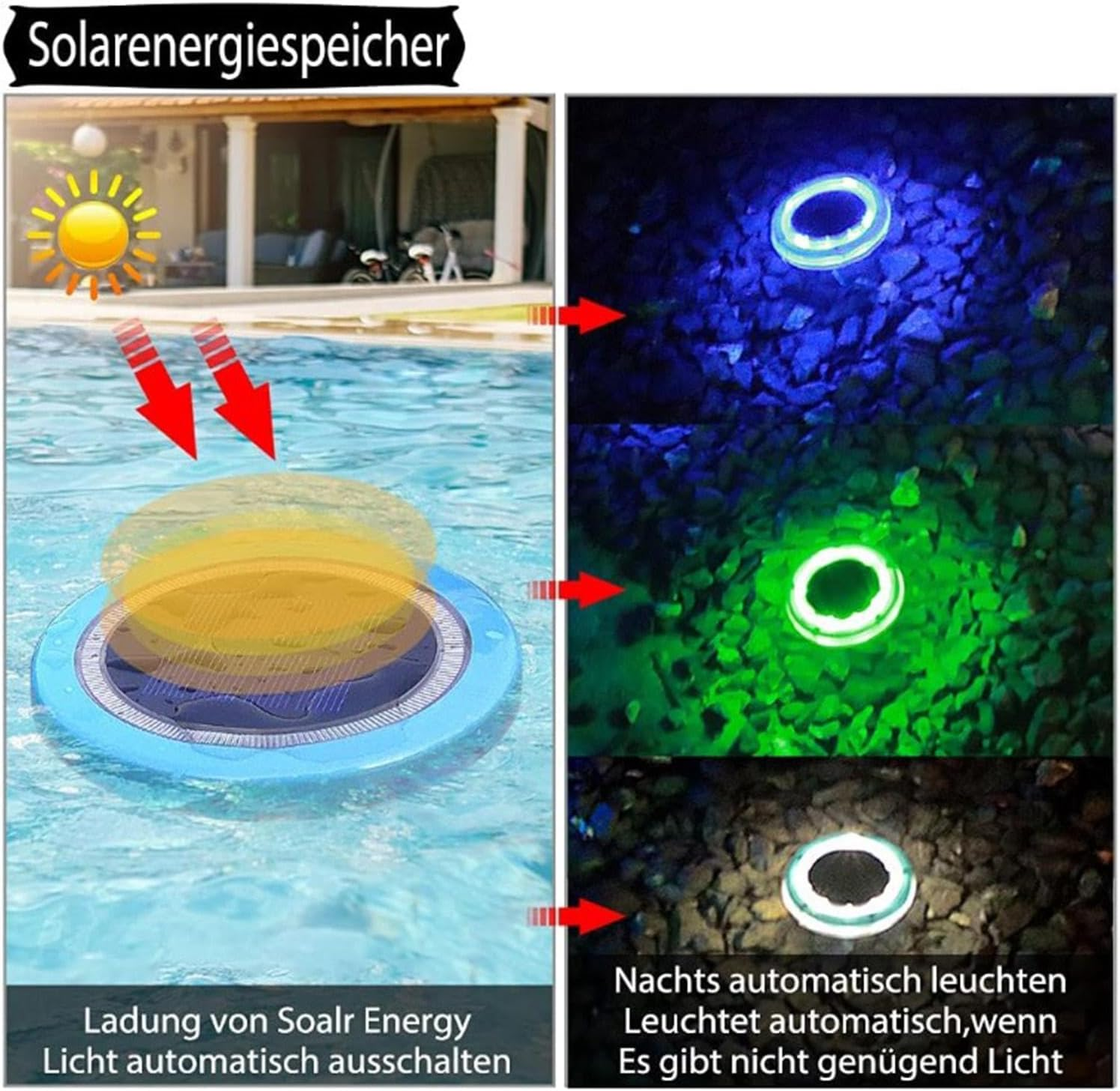 Floating Solar Pool Lights - IP68 Waterproof Underwater Pool Lights without Batteries Solar Powered | Underwater Pool Lights Solar Powered with Auto and Auto off for Garden Gathering image number 1