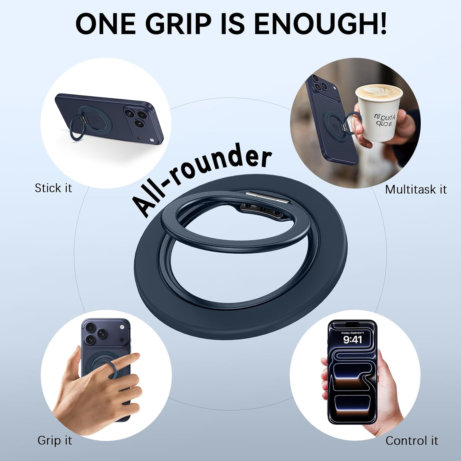 YINLAI Magnetic Phone Grip for Magsafe, [360&deg; Adjustable] [Ultra-Light 18G] [With Soft-Touch Matte Finish] Magnetic Finger Grip, Phone Ring Holder Ring Stand for Iphone 17/16/15/14/13/12 Series, Blue - Orange image number 3