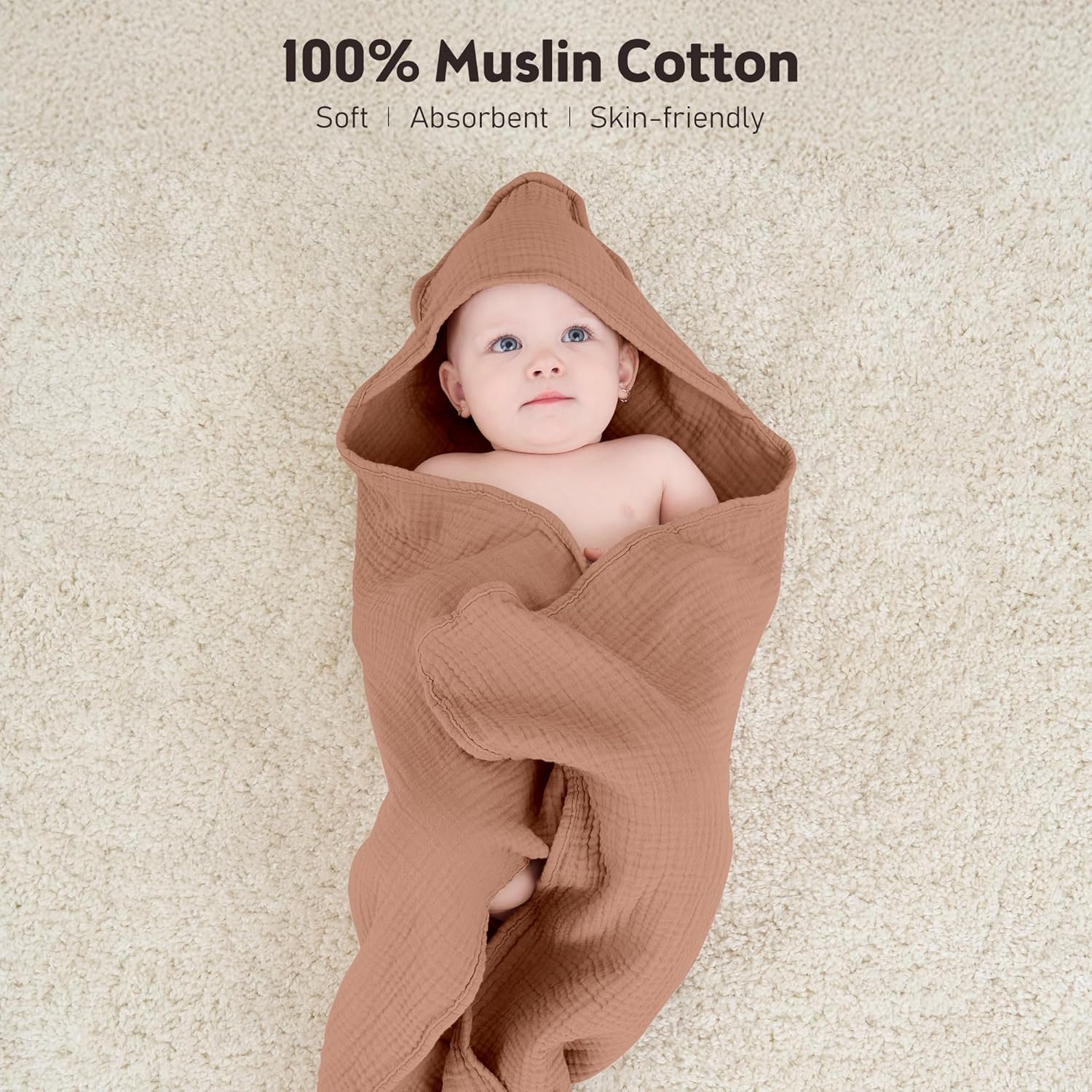 Susurration Hooded Baby Towels for Newborn 2 Pack 100% Muslin Cotton Towel for Babies，Highly Absorbent and Newborn Essential 30X30 Inch (Brown) image number 5