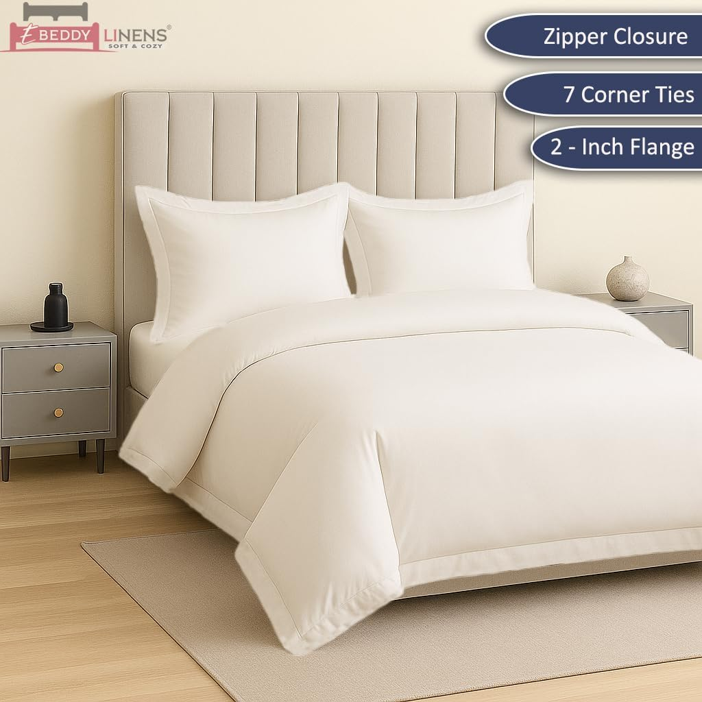 Ebeddy Linens Egyptian Cotton Super King plus 120X120 Size White Duvet Cover Set with Zipper Closer & 7 Corner Ties Soft Cozy 1 Comforter Cover and 2 Pillow Shams Durable Stitch, White Solid image number 2