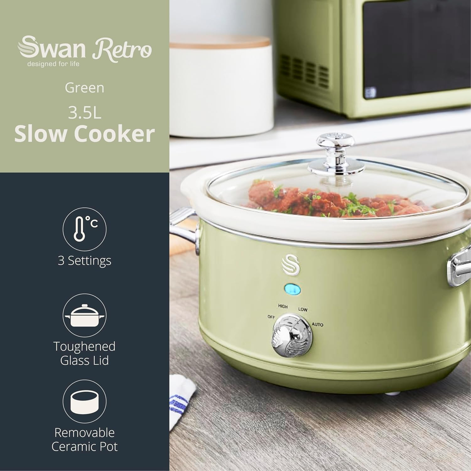 Swan SF17021GN Retro Slow Cooker with 3 Temperature Settings, Keep Warm Function, 3.5L, 200W, Retro Green image number 5
