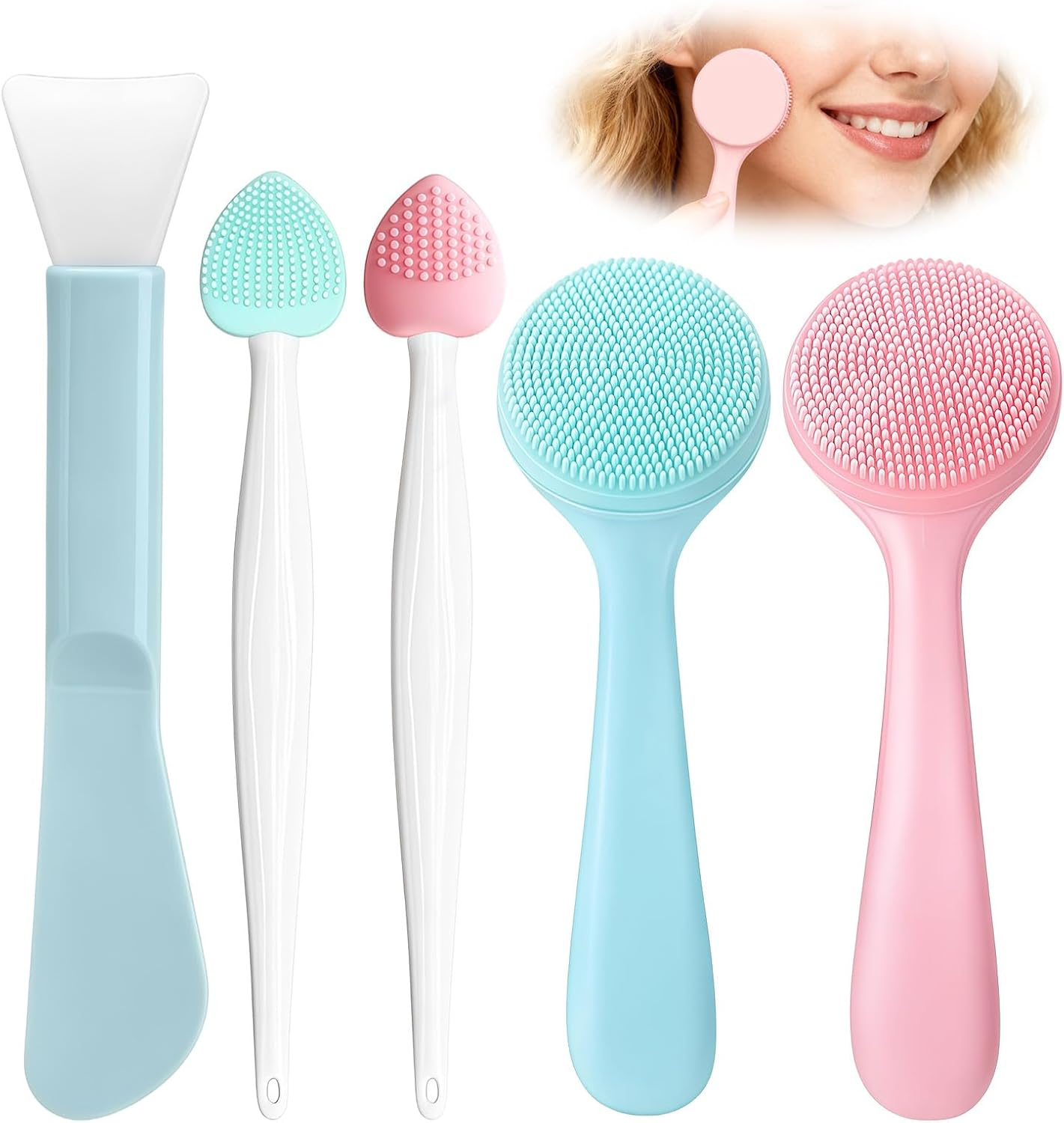 Teccfly 5Pack Silicone Face Scrubber with Handle, 2 Face Scrubber 2 Blackhead Brush 1 Mask Brush, Gentle Facial Exfoliator Waterproof Brush for Daily Deep Cleansing Sensitive Skin image number 1
