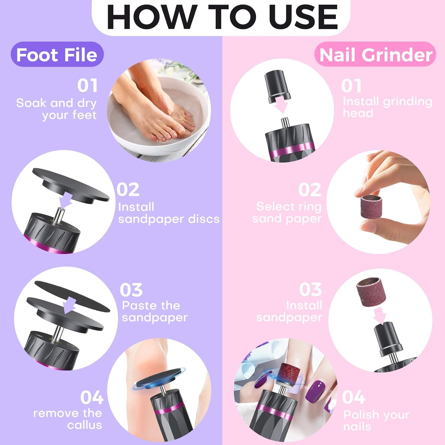 2 in 1 Electric Foot File, 9 Speed Adjustable Foot Callus Remover & Nail Grinder, with 40Pcs Sandpaper Discs, Electric Foot Hard Skin Remover for Feet Care Exfoliator (Grey) image number 6