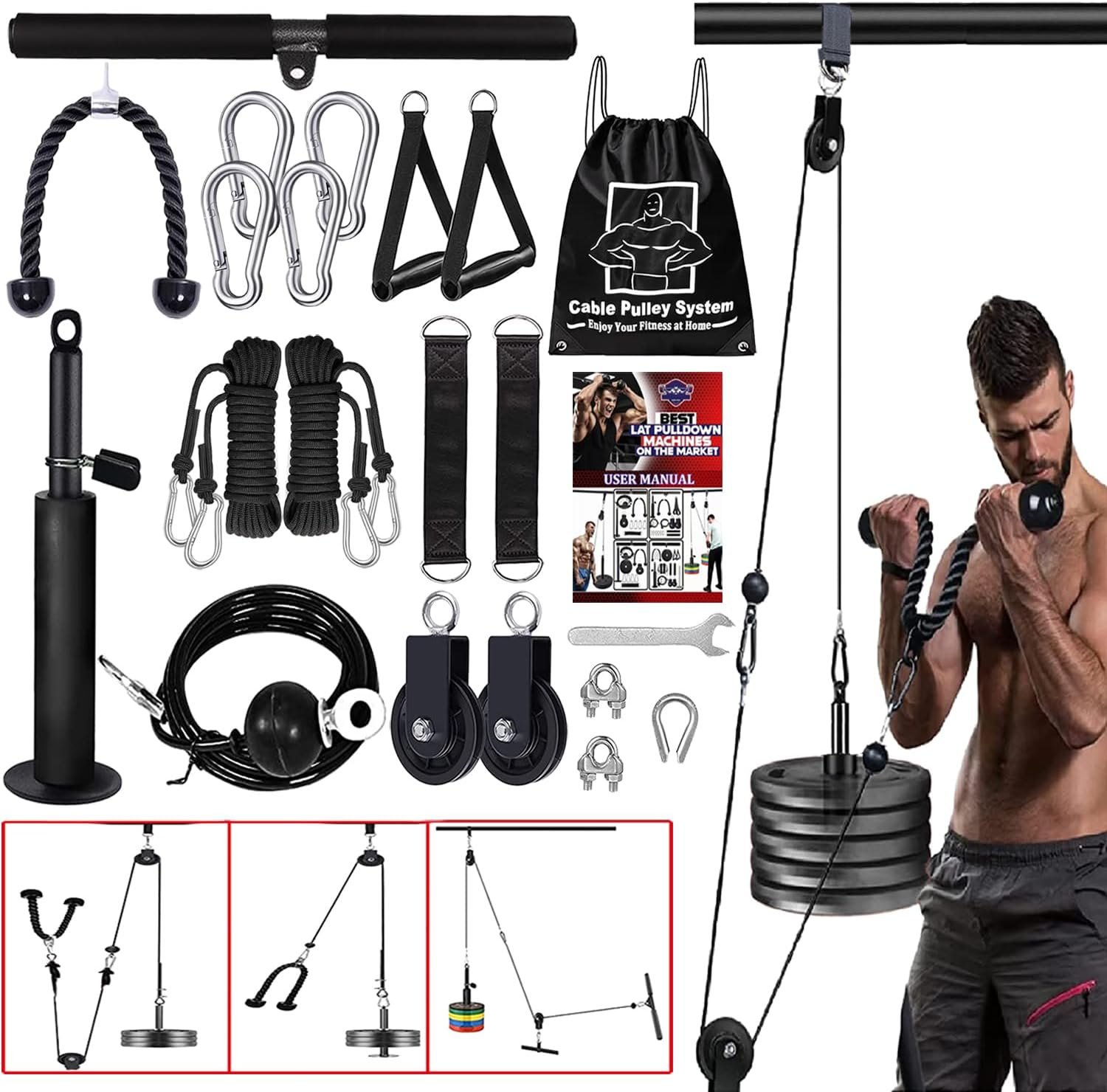 Cable Pulley System Gym Upgraded Home Strength Training Equipment Workout Accessories LAT Pull down Fitness for Triceps Pull down Biceps Curl Back Forearm Shoulder image number 3